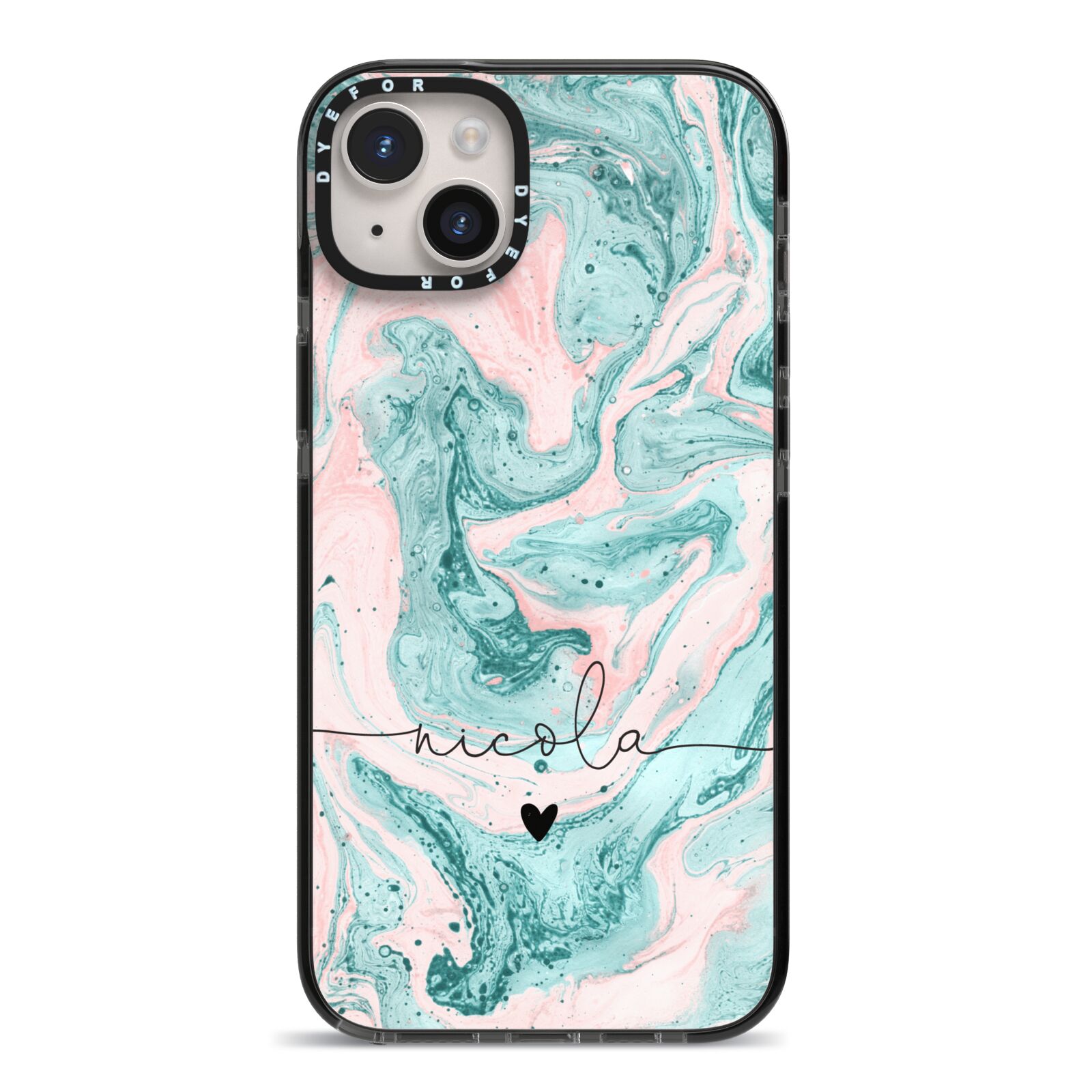 Personalised Name Green Swirl Marble iPhone 14 Plus Black Impact Case on Silver phone