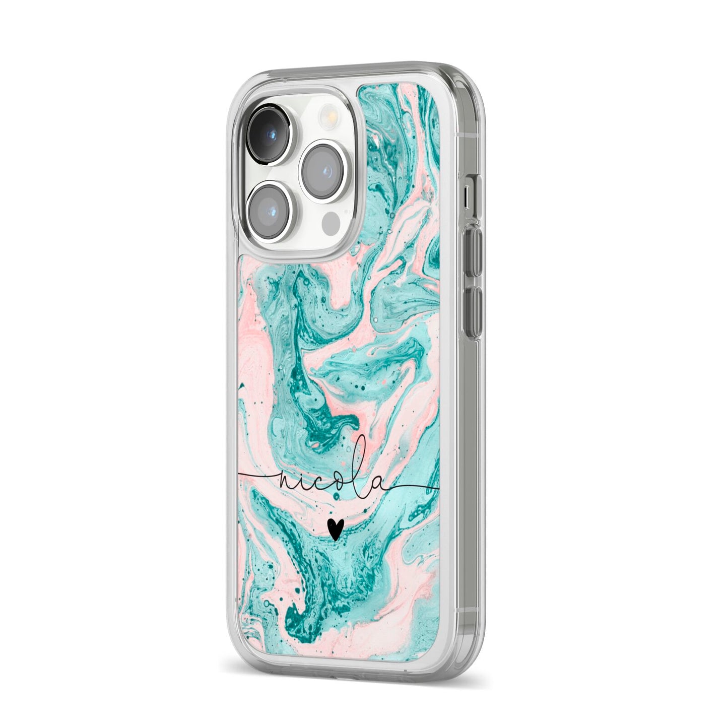 Personalised Name Green Swirl Marble iPhone 14 Pro Clear Tough Case Silver Angled Image