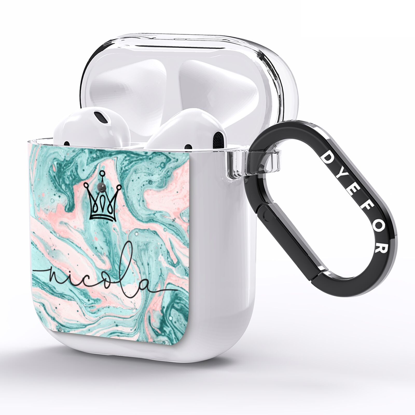 Personalised Name Marble Effect Crown AirPods Clear Case Side Image