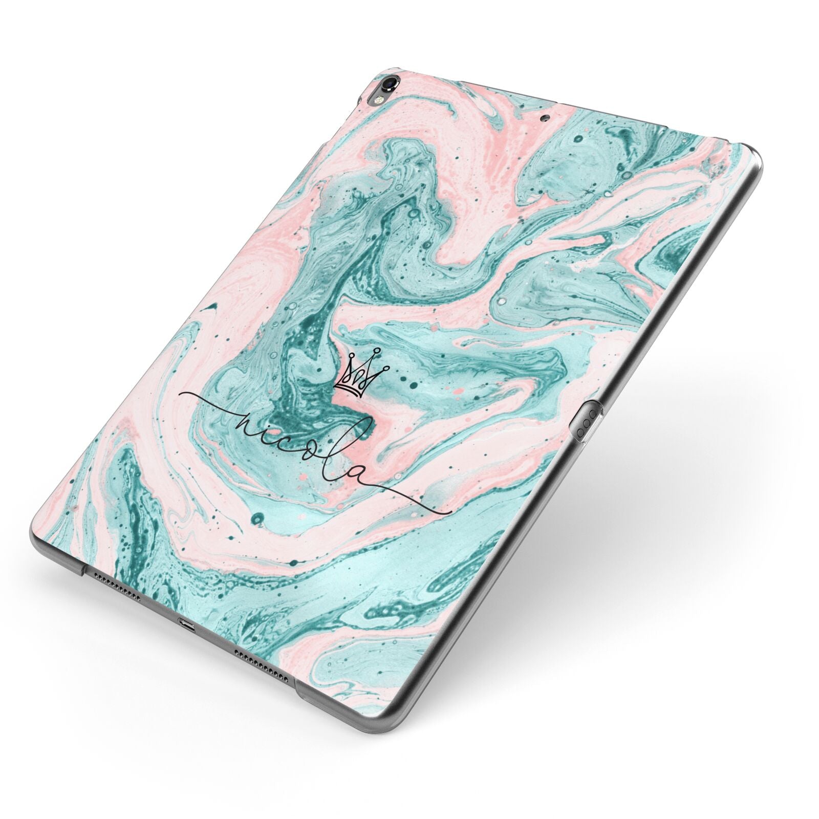 Personalised Name Marble Effect Crown Apple iPad Case on Grey iPad Side View