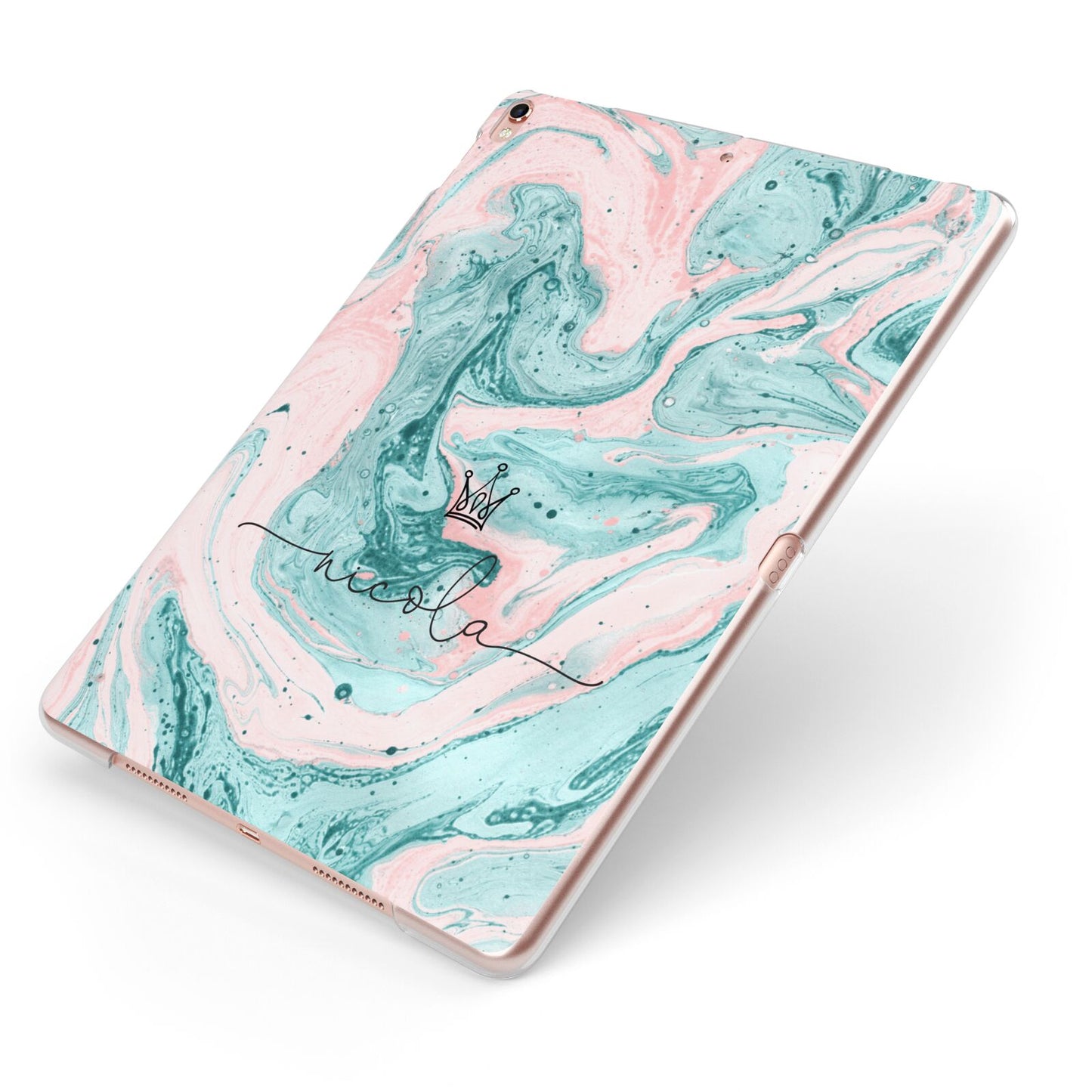 Personalised Name Marble Effect Crown Apple iPad Case on Rose Gold iPad Side View