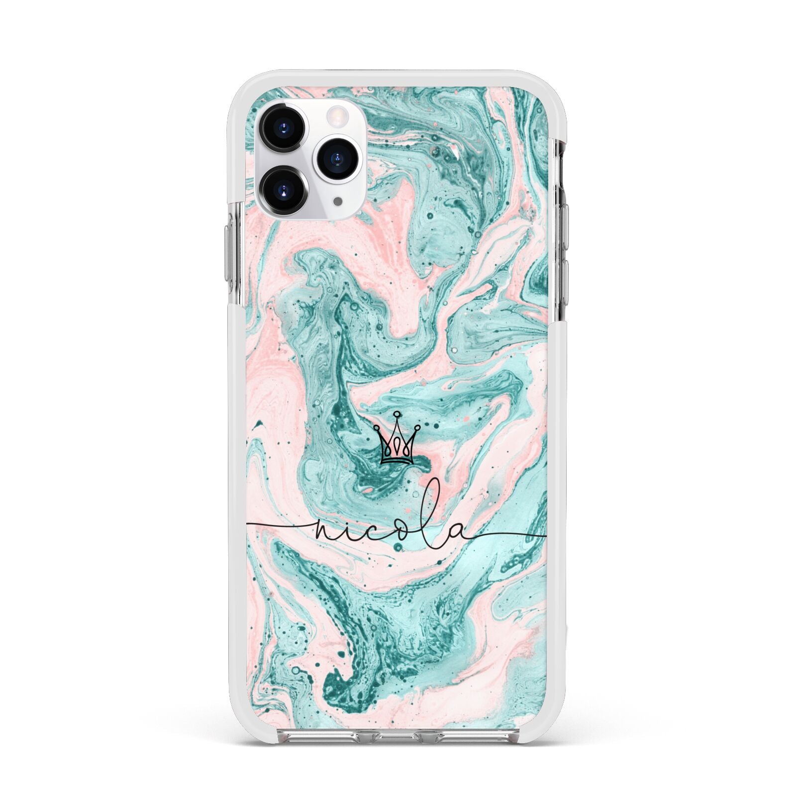 Personalised Name Marble Effect Crown Apple iPhone 11 Pro Max in Silver with White Impact Case