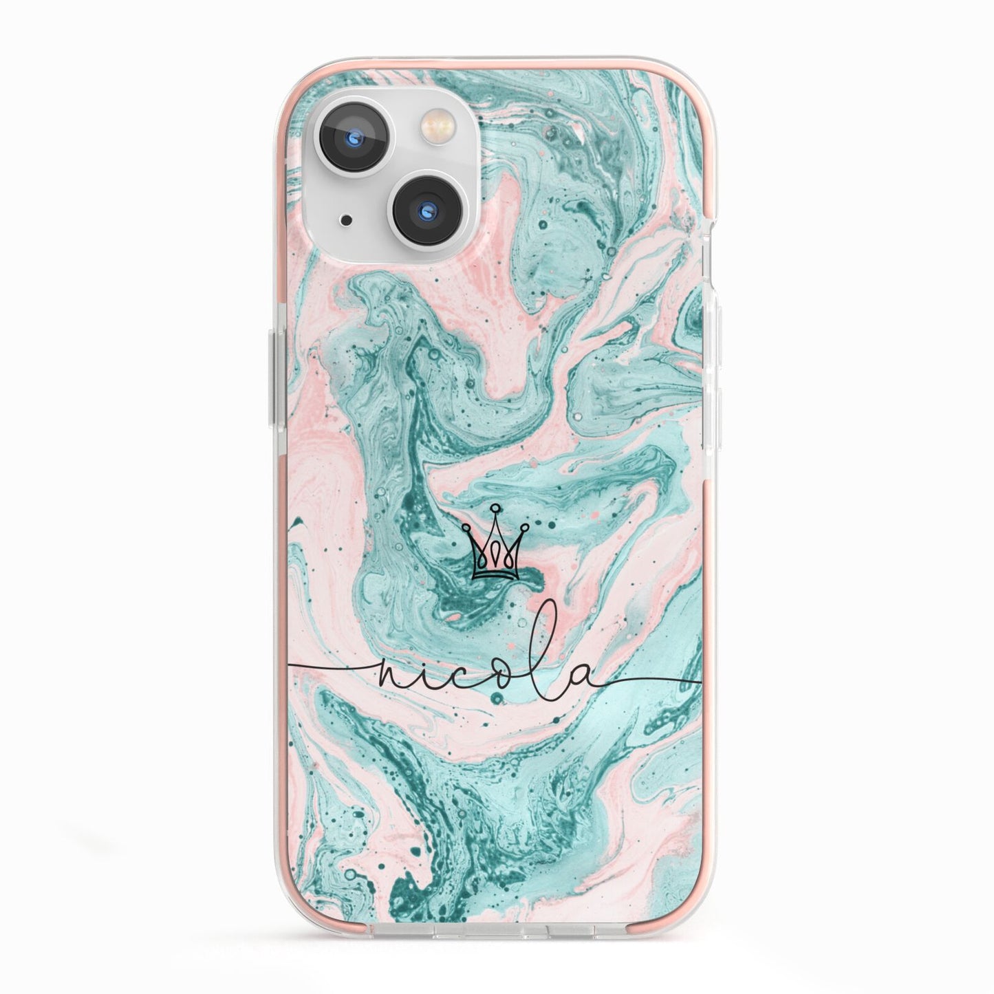 Personalised Name Marble Effect Crown iPhone 13 TPU Impact Case with Pink Edges