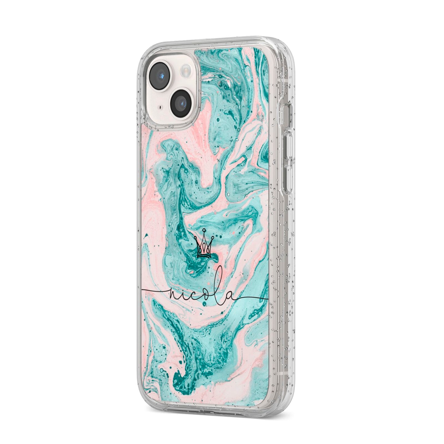 Personalised Name Marble Effect Crown iPhone 14 Plus Glitter Tough Case Starlight Angled Image