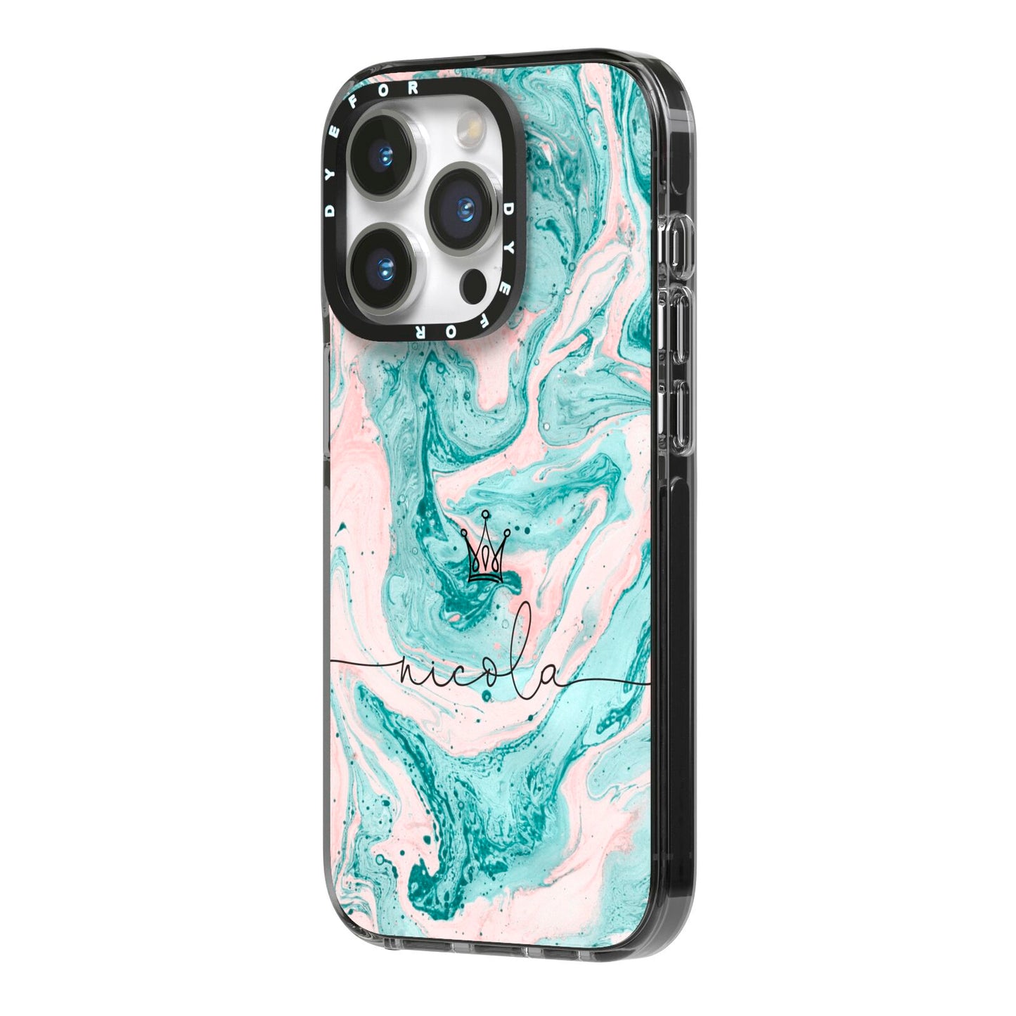 Personalised Name Marble Effect Crown iPhone 14 Pro Black Impact Case Side Angle on Silver phone