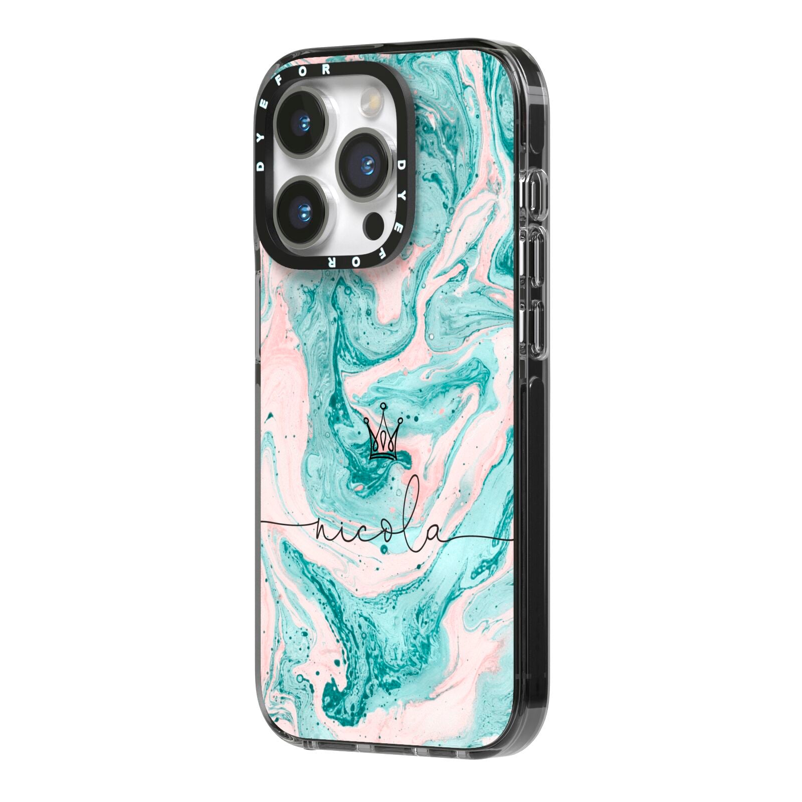 Personalised Name Marble Effect Crown iPhone 14 Pro Black Impact Case Side Angle on Silver phone