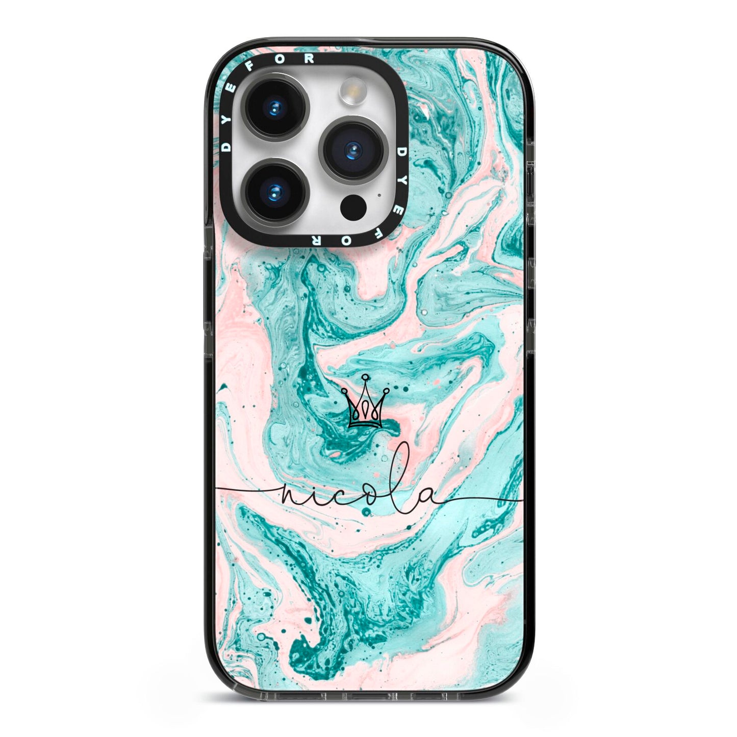 Personalised Name Marble Effect Crown iPhone 14 Pro Black Impact Case on Silver phone