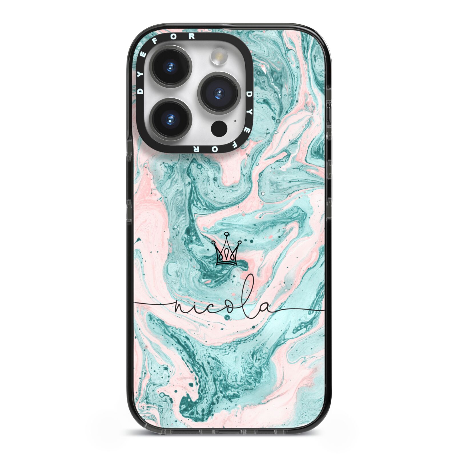 Personalised Name Marble Effect Crown iPhone 14 Pro Black Impact Case on Silver phone