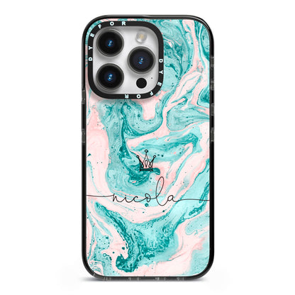 Personalised Name Marble Effect Crown iPhone 14 Pro Black Impact Case on Silver phone