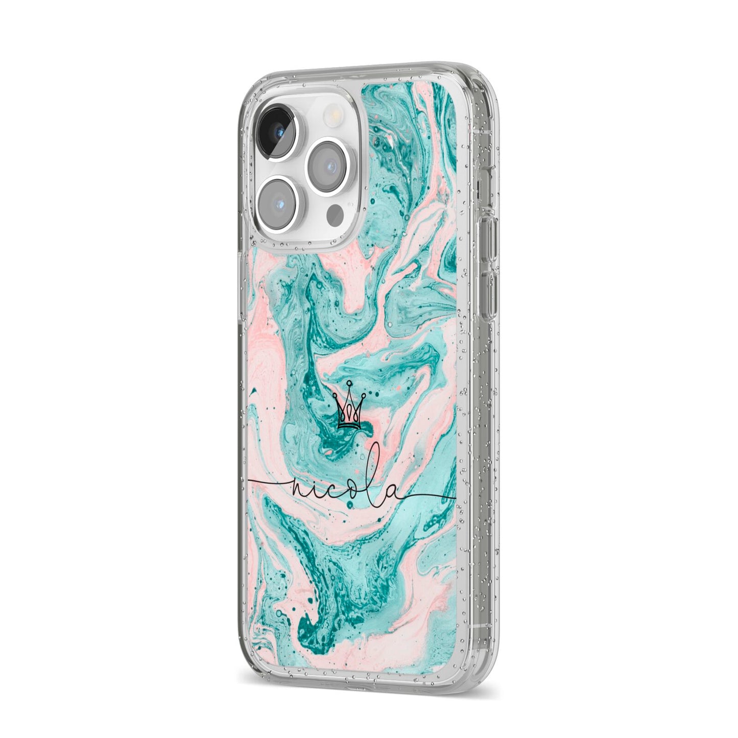 Personalised Name Marble Effect Crown iPhone 14 Pro Max Glitter Tough Case Silver Angled Image