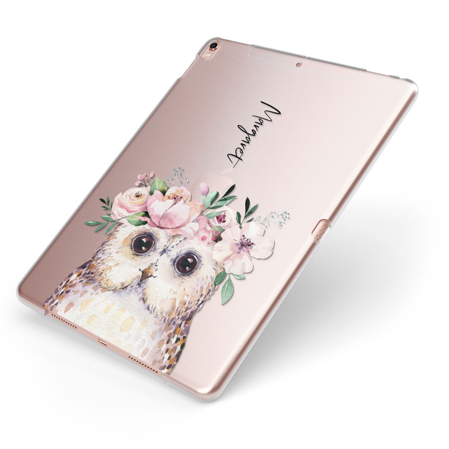 Personalised Name Owl Apple iPad Case on Rose Gold iPad Side View