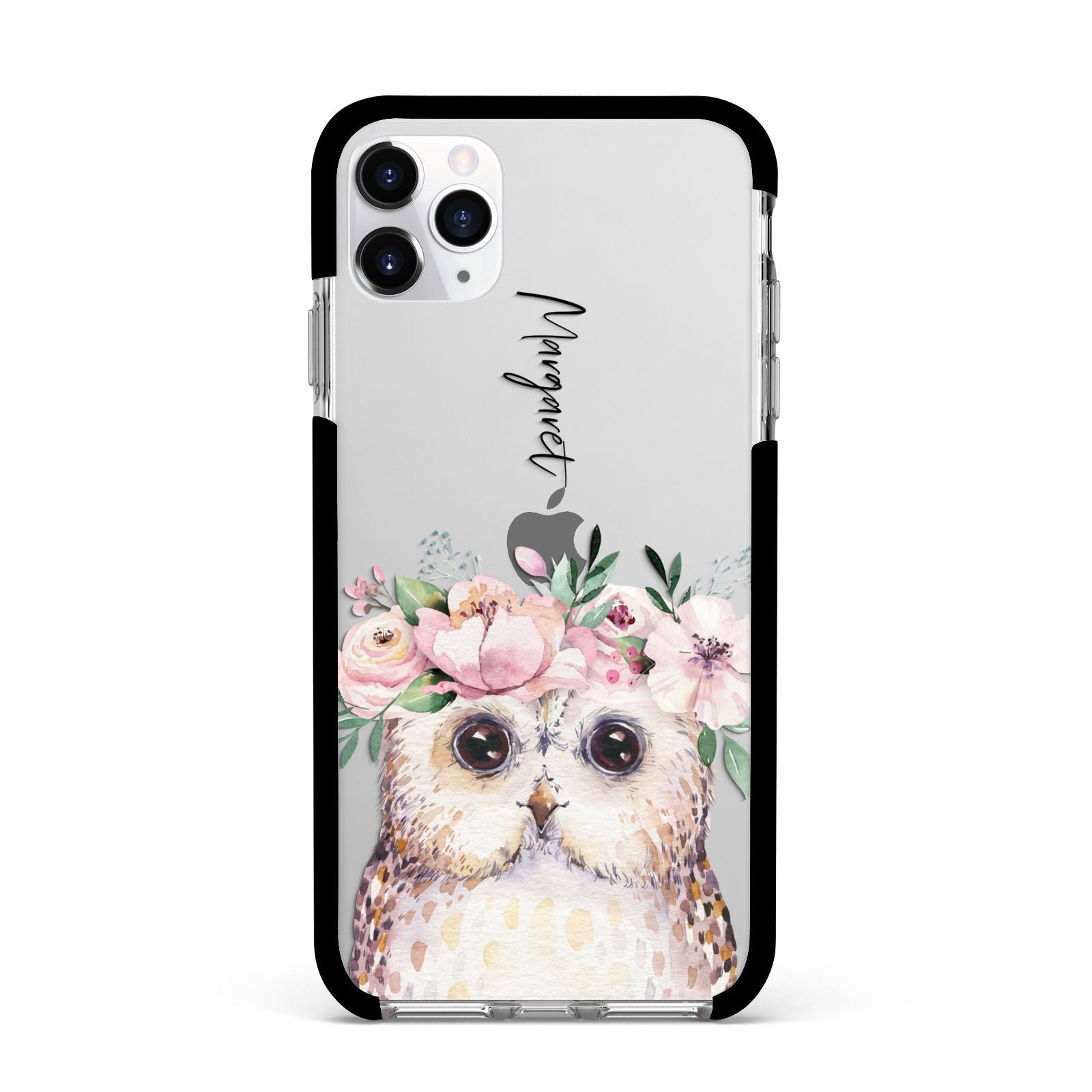 Personalised Name Owl Apple iPhone 11 Pro Max in Silver with Black Impact Case