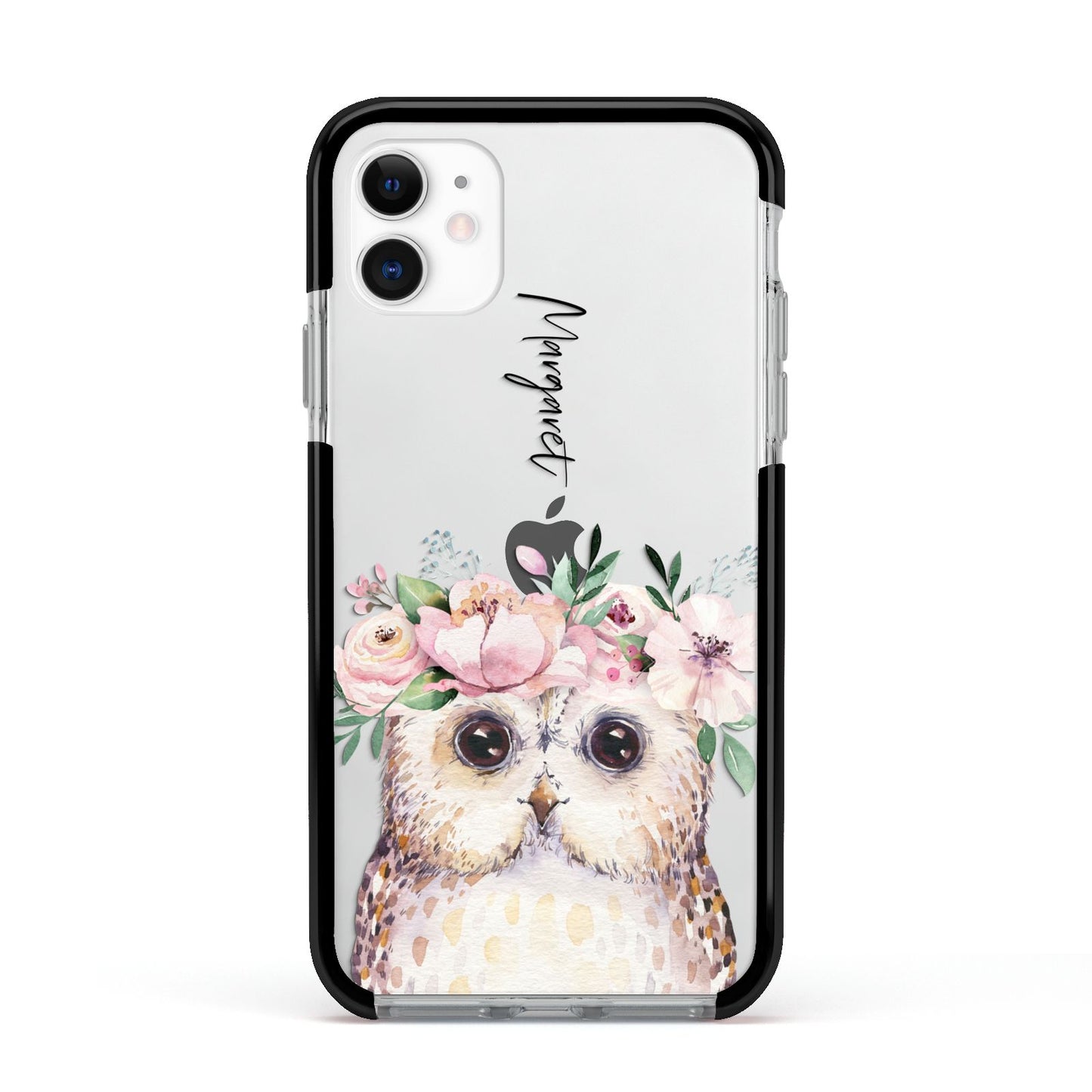 Personalised Name Owl Apple iPhone 11 in White with Black Impact Case