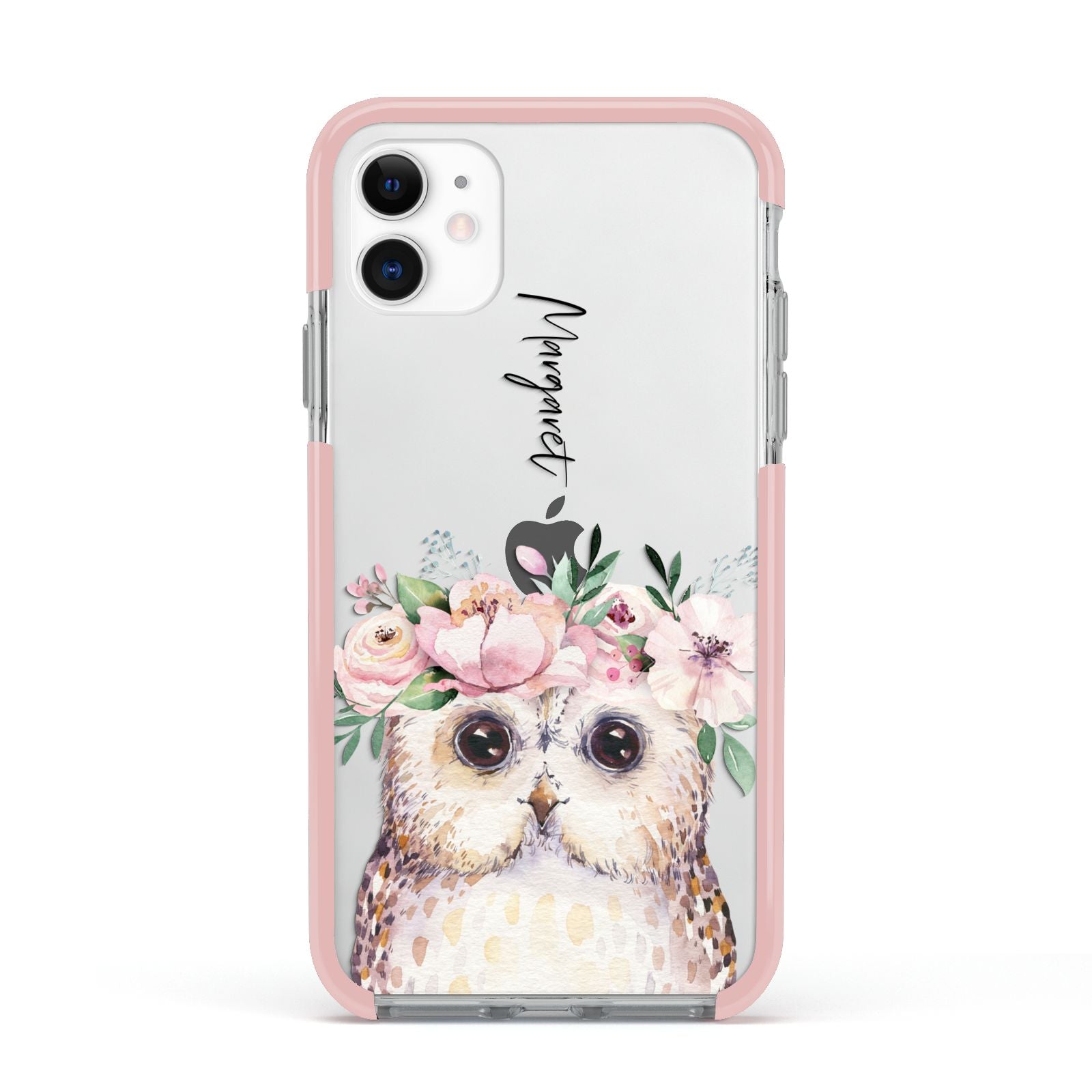 Personalised Name Owl Apple iPhone 11 in White with Pink Impact Case