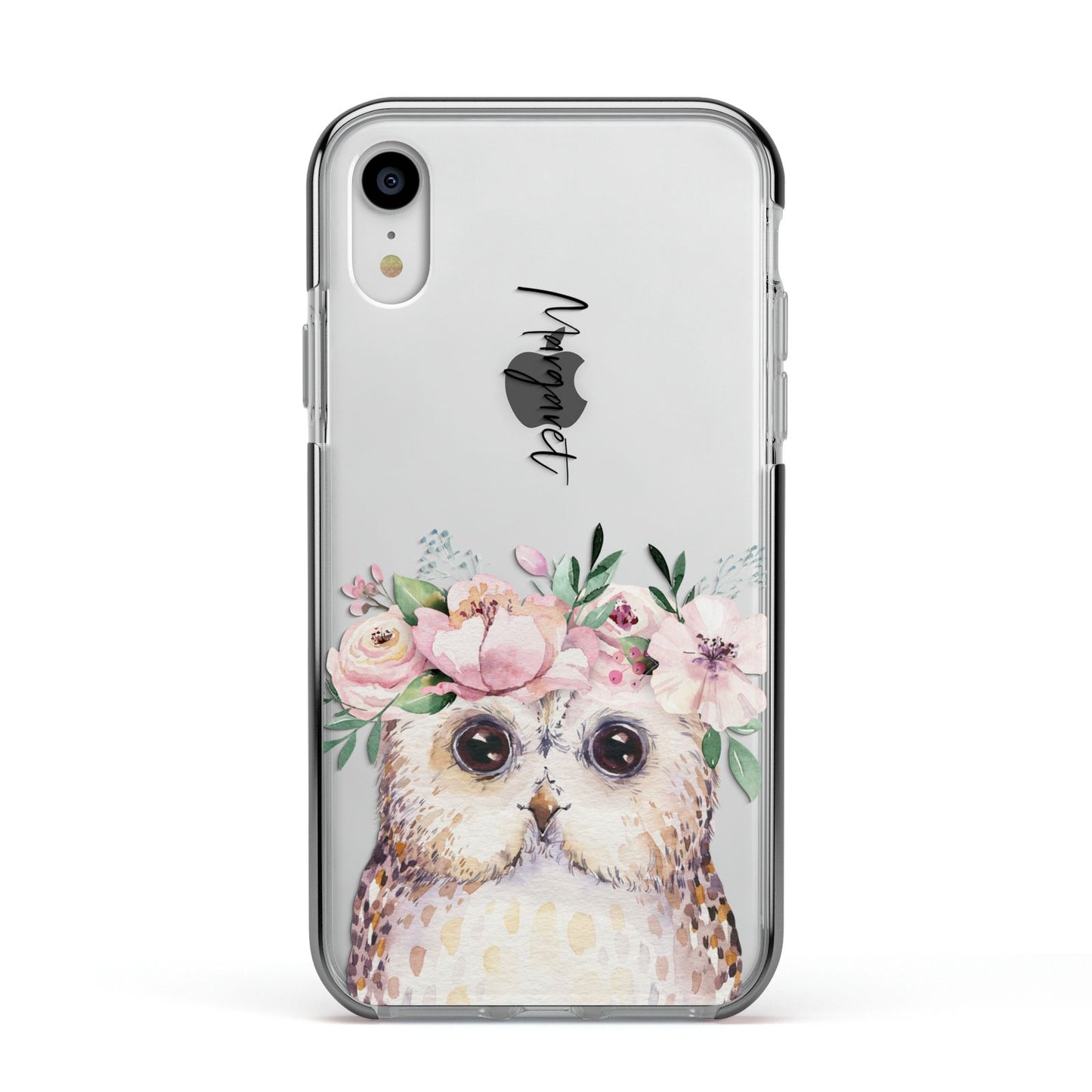 Personalised Name Owl Apple iPhone XR Impact Case Black Edge on Silver Phone