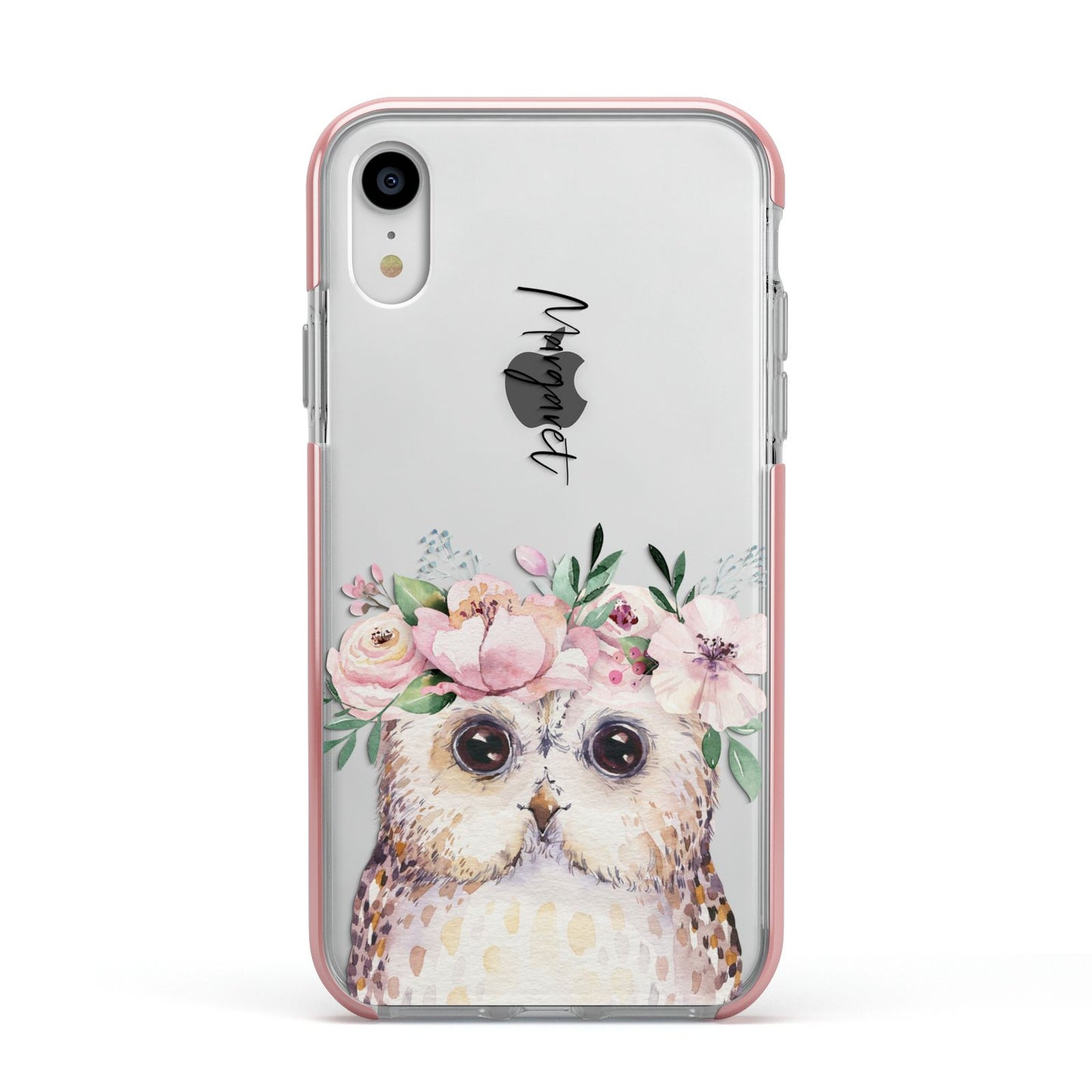 Personalised Name Owl Apple iPhone XR Impact Case Pink Edge on Silver Phone