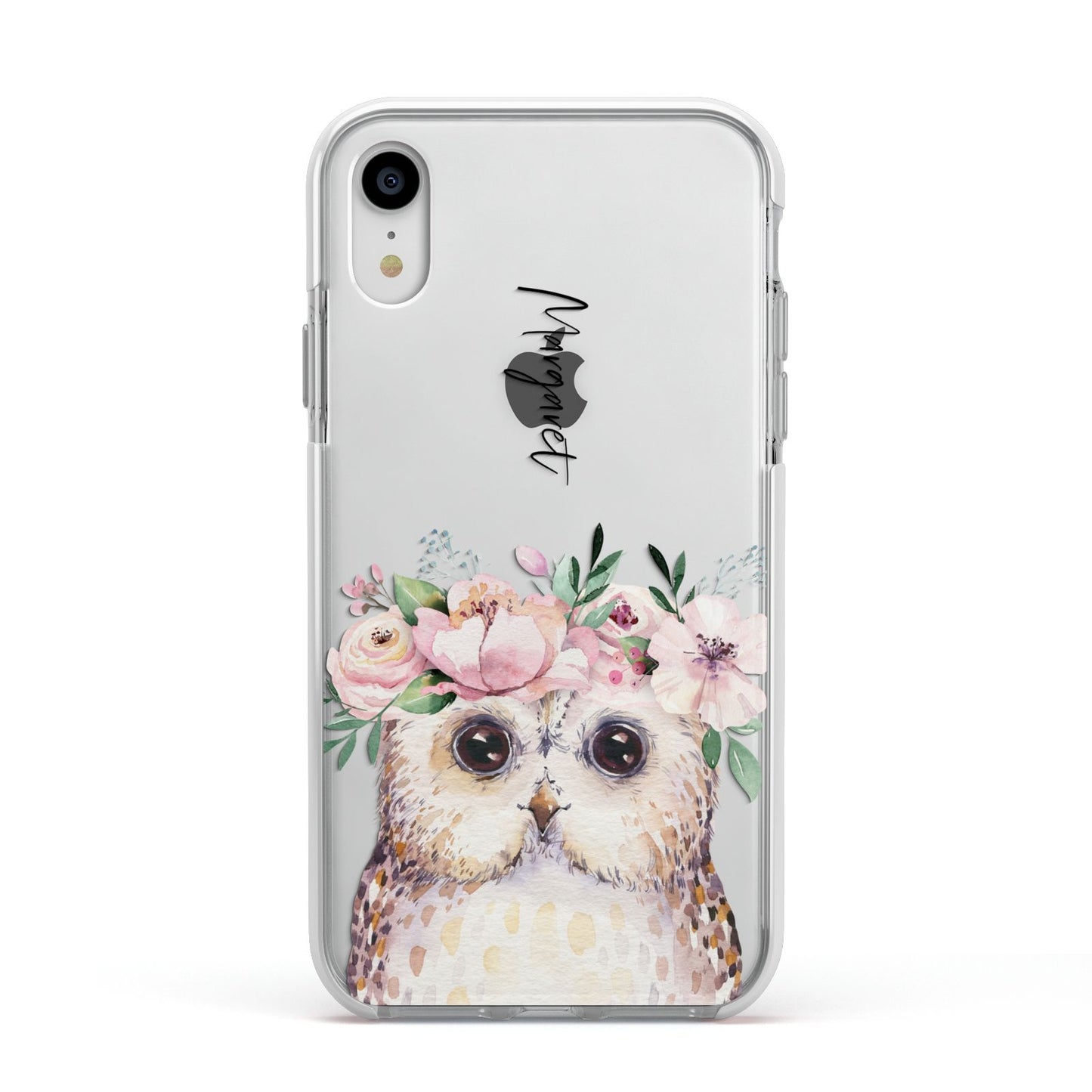 Personalised Name Owl Apple iPhone XR Impact Case White Edge on Silver Phone