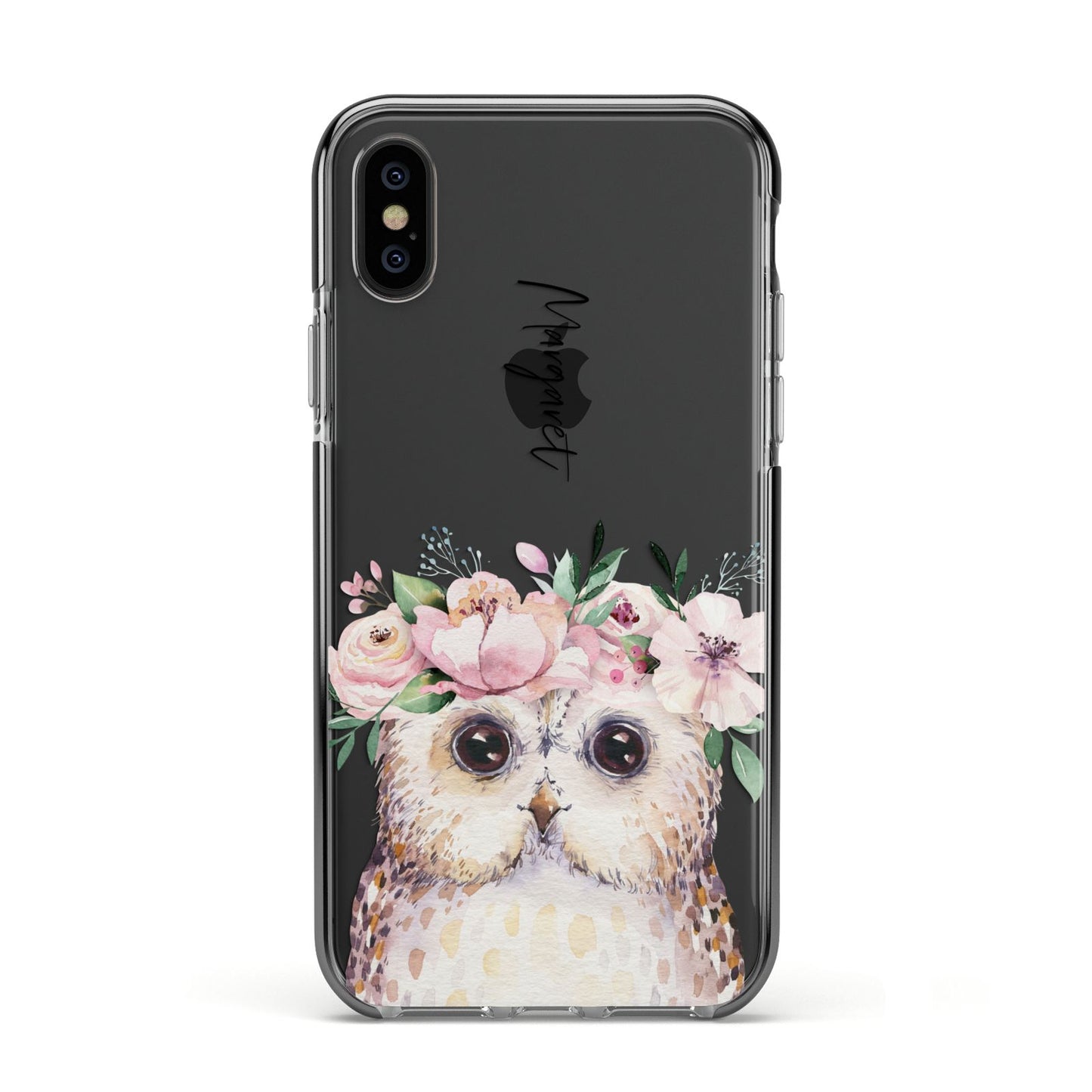 Personalised Name Owl Apple iPhone Xs Impact Case Black Edge on Black Phone