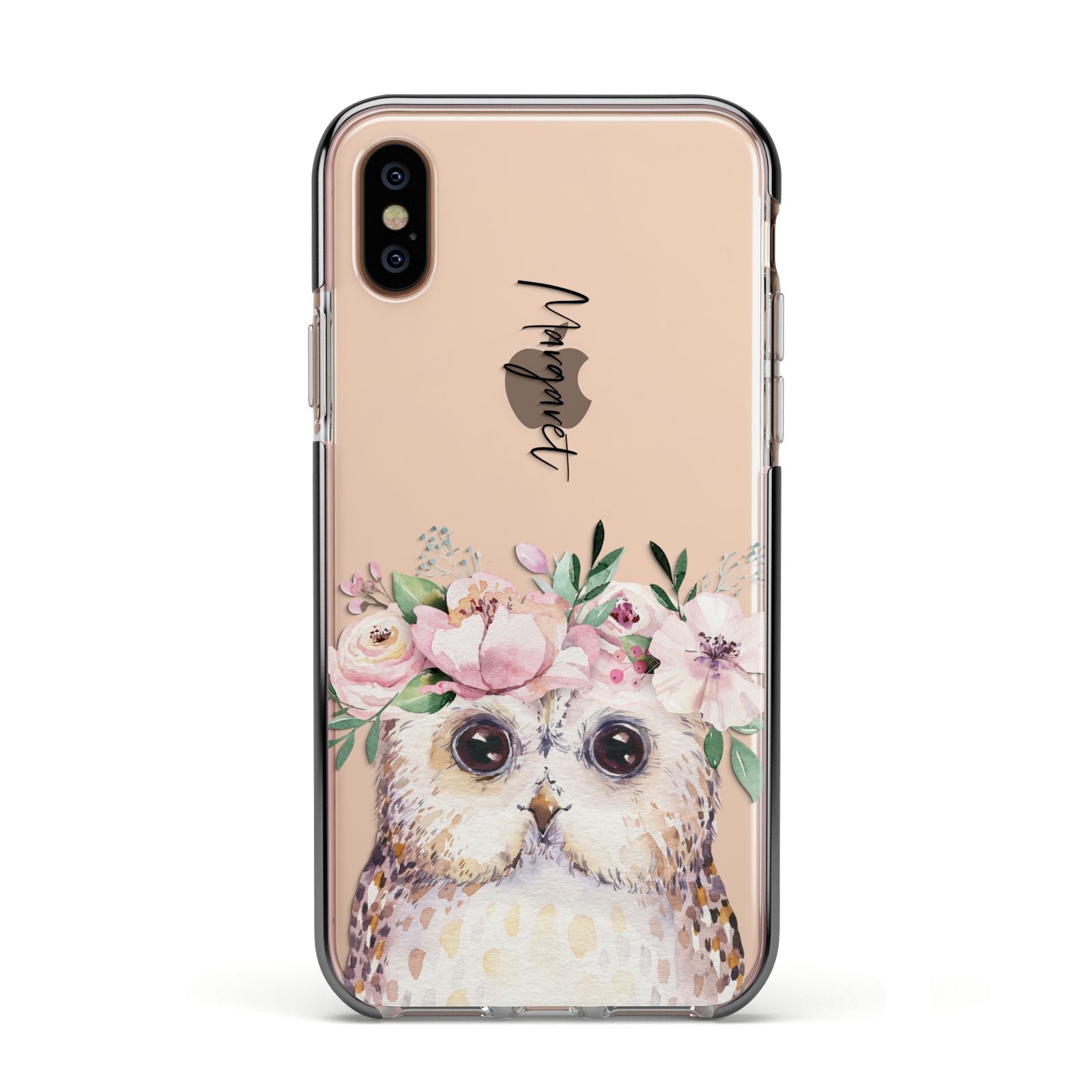 Personalised Name Owl Apple iPhone Xs Impact Case Black Edge on Gold Phone