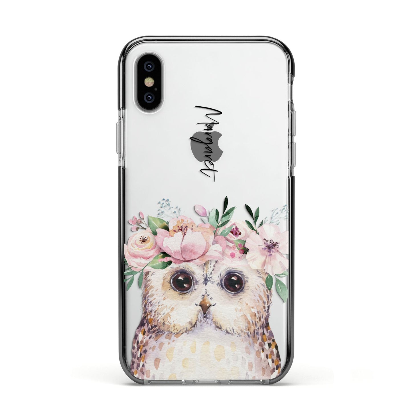 Personalised Name Owl Apple iPhone Xs Impact Case Black Edge on Silver Phone
