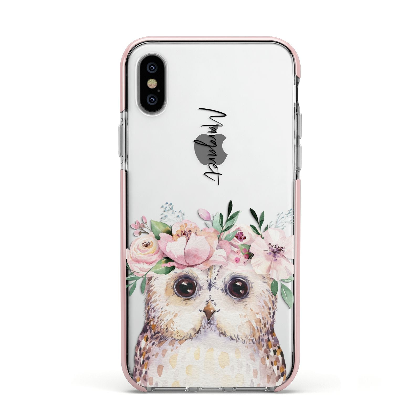 Personalised Name Owl Apple iPhone Xs Impact Case Pink Edge on Silver Phone
