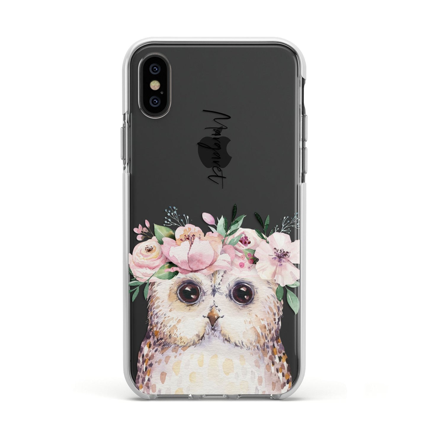 Personalised Name Owl Apple iPhone Xs Impact Case White Edge on Black Phone