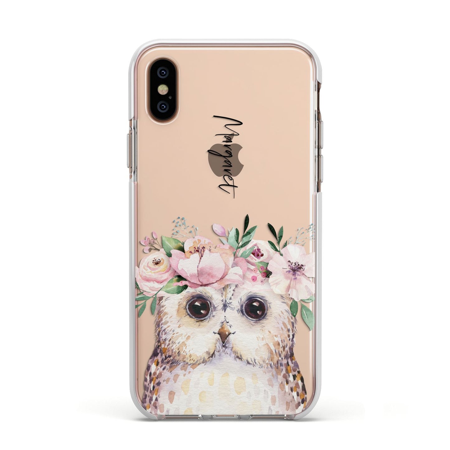 Personalised Name Owl Apple iPhone Xs Impact Case White Edge on Gold Phone