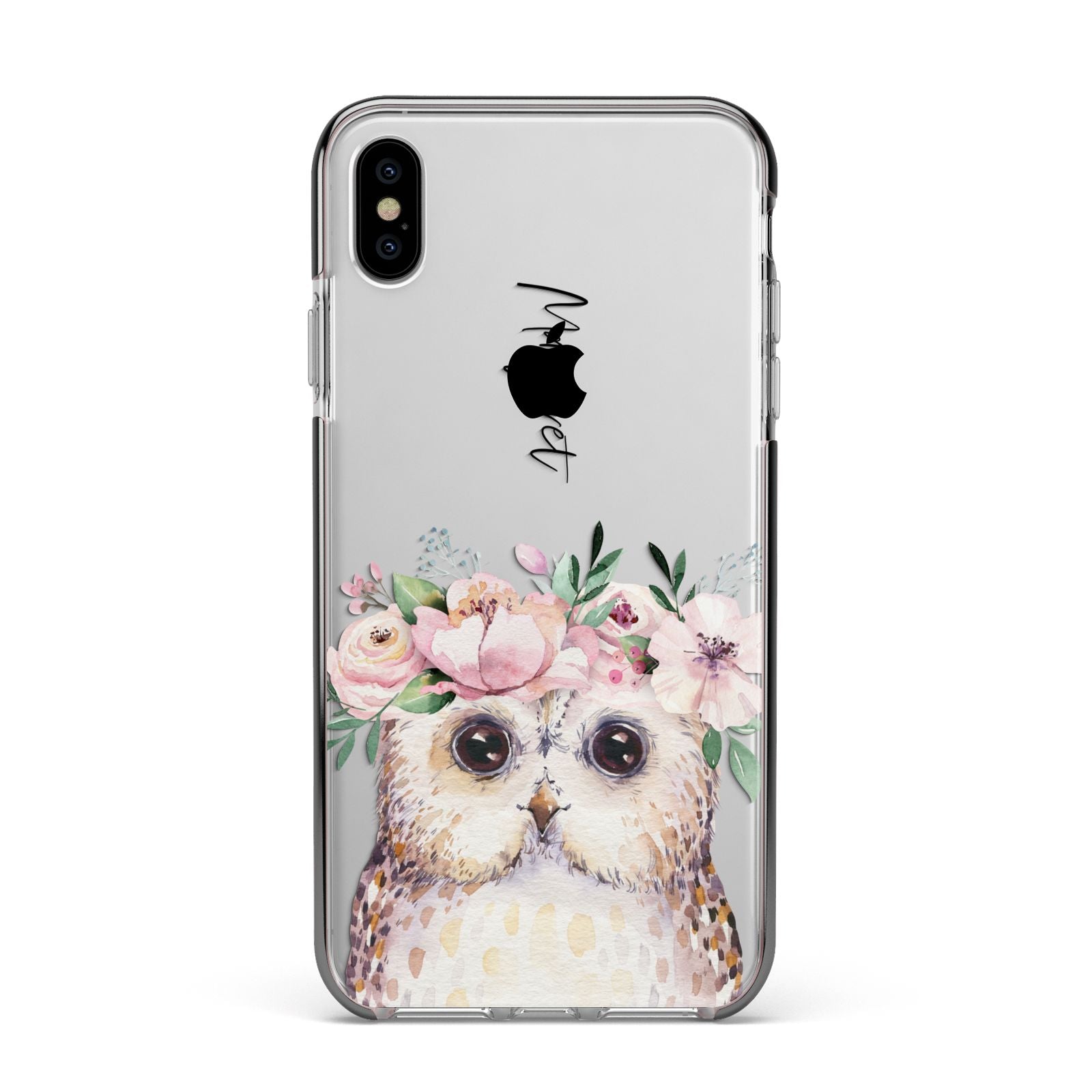 Personalised Name Owl Apple iPhone Xs Max Impact Case Black Edge on Silver Phone