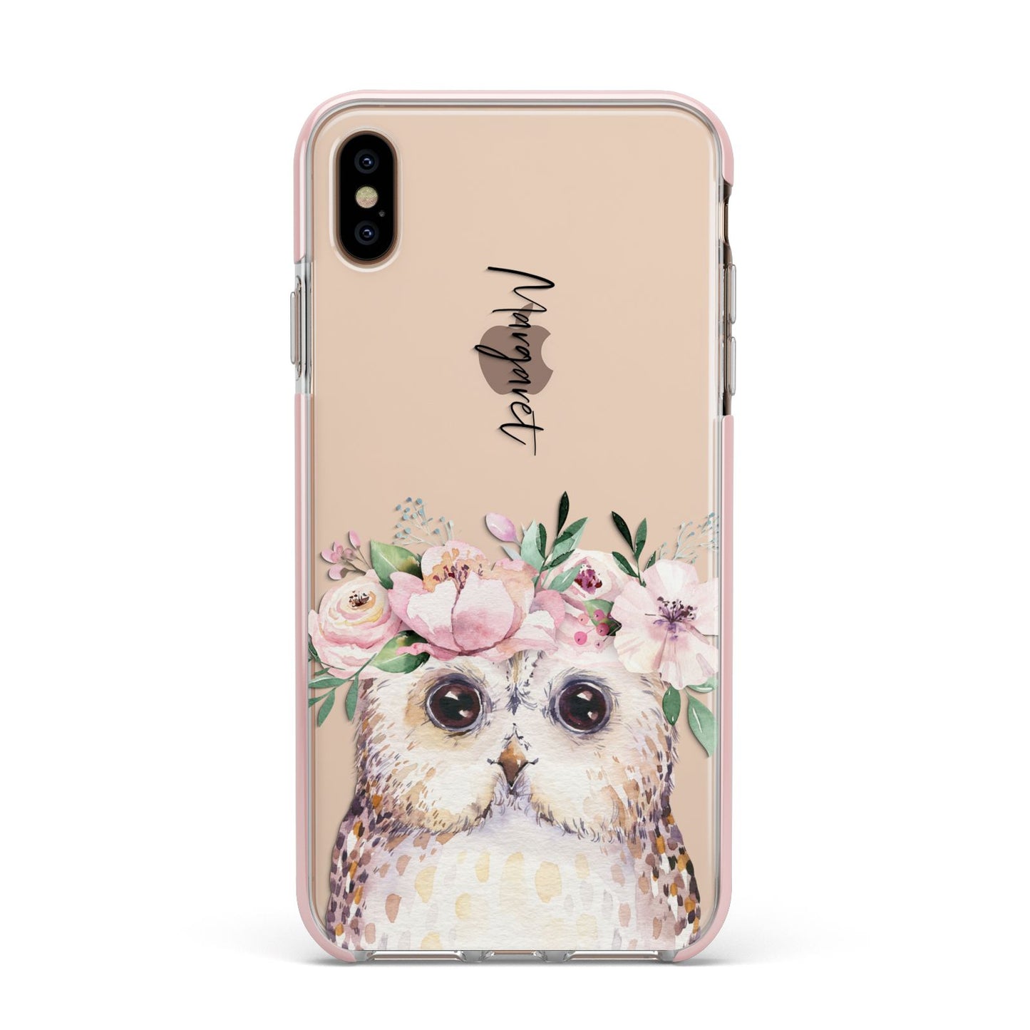 Personalised Name Owl Apple iPhone Xs Max Impact Case Pink Edge on Gold Phone