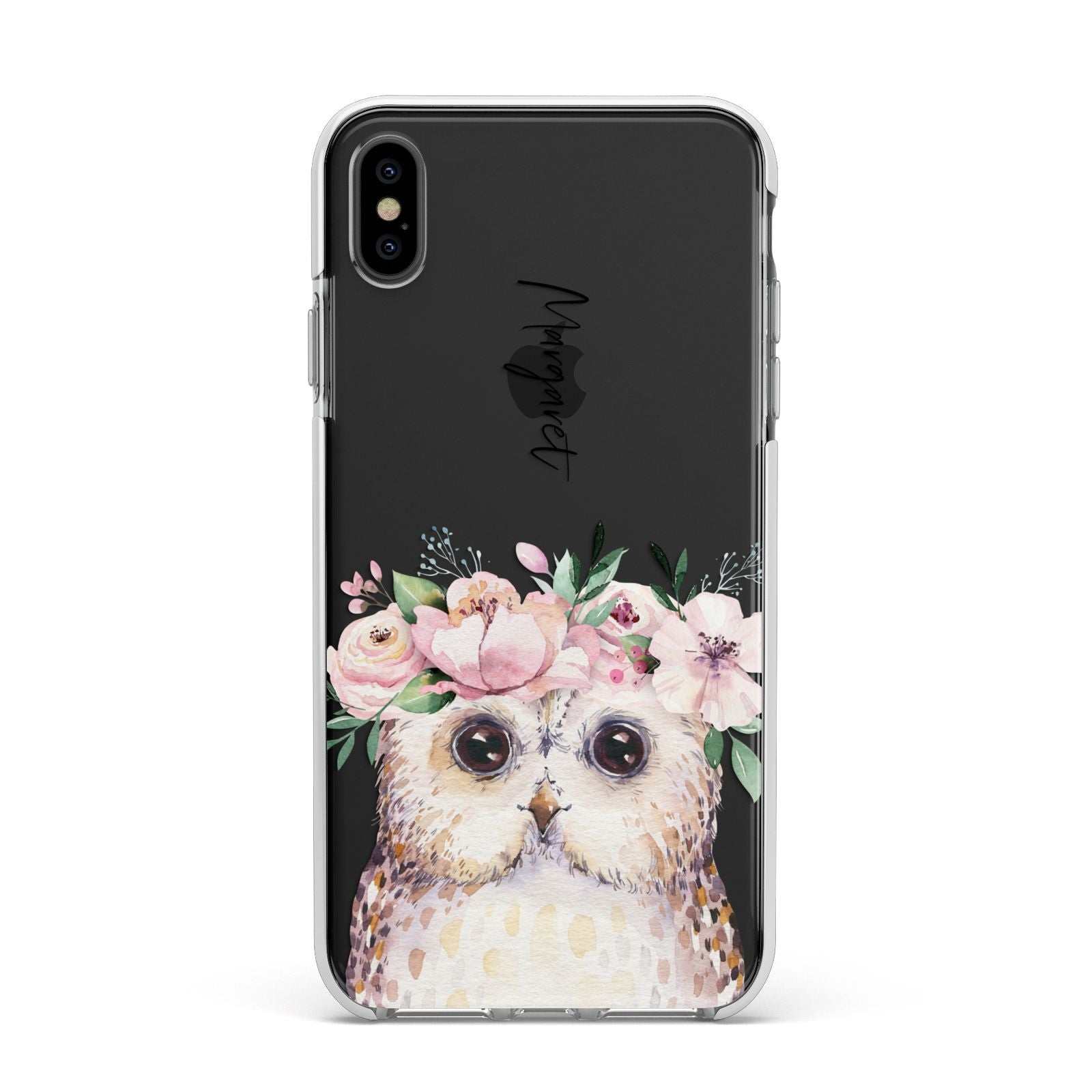 Personalised Name Owl Apple iPhone Xs Max Impact Case White Edge on Black Phone