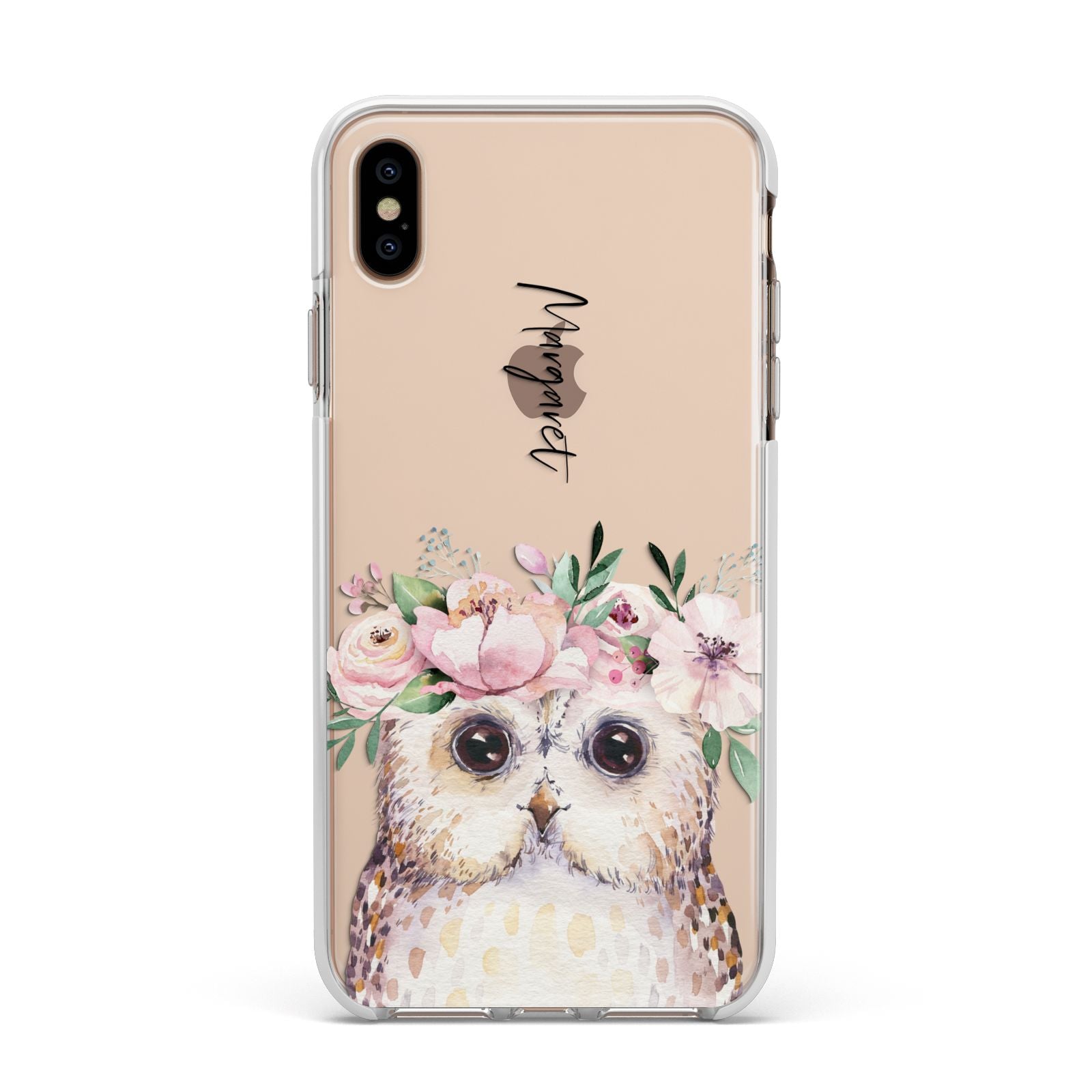 Personalised Name Owl Apple iPhone Xs Max Impact Case White Edge on Gold Phone