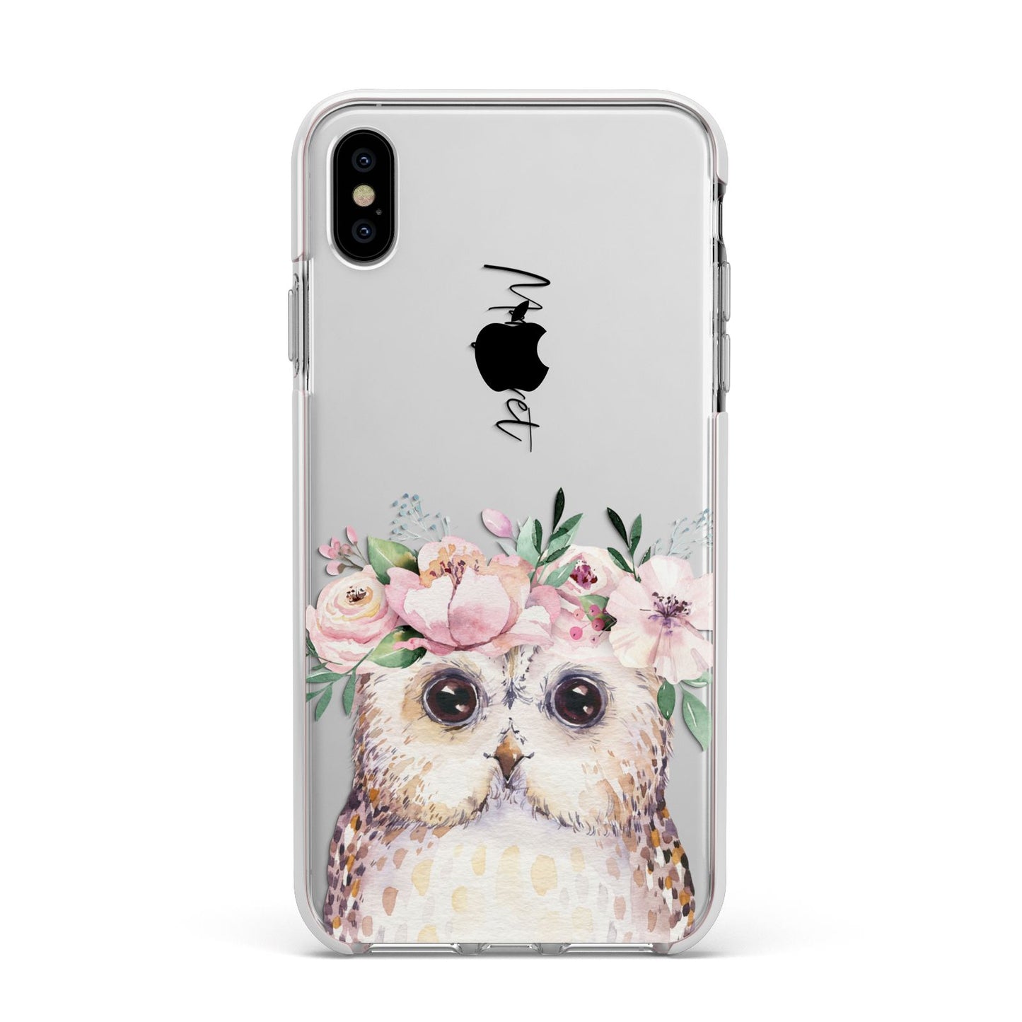 Personalised Name Owl Apple iPhone Xs Max Impact Case White Edge on Silver Phone
