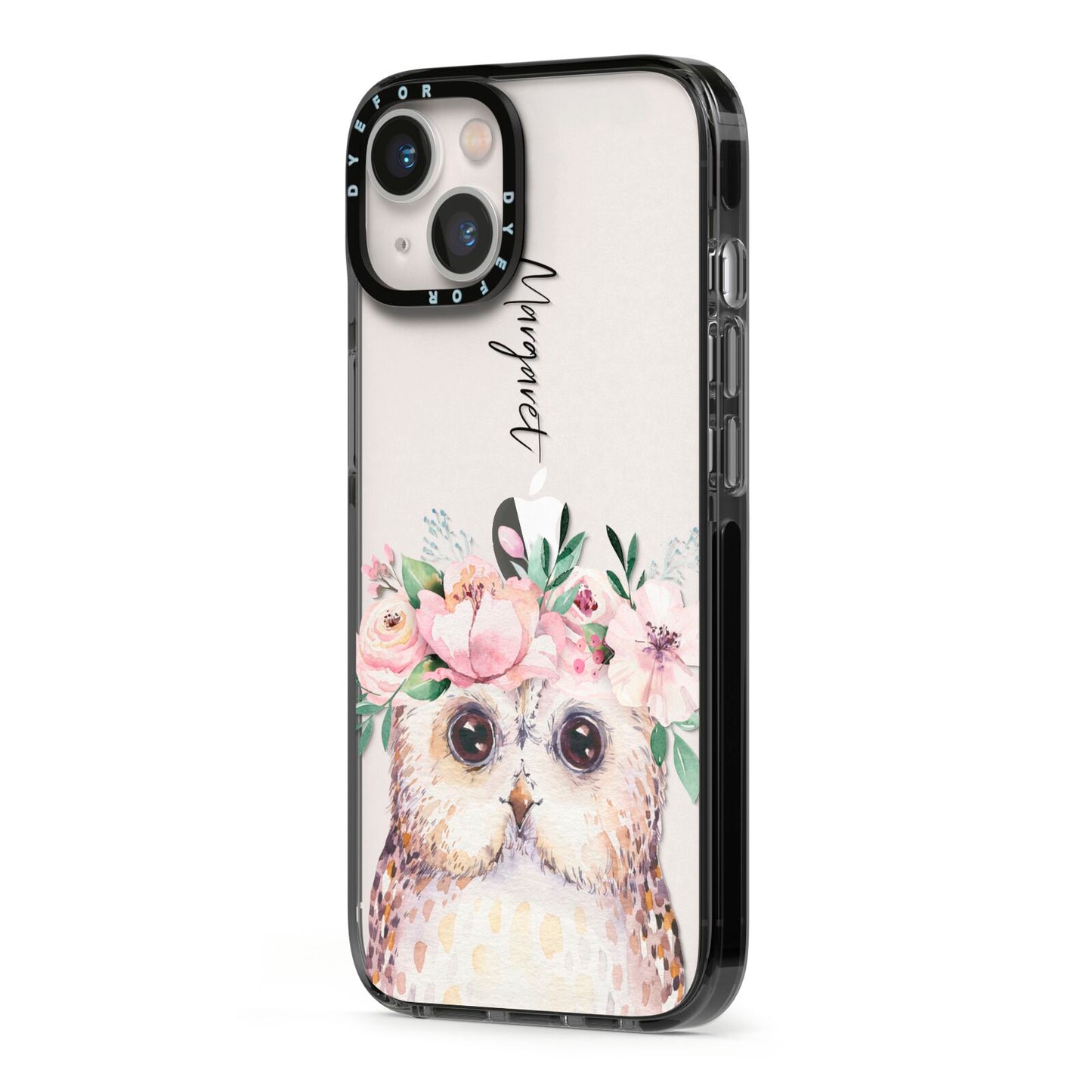 Personalised Name Owl iPhone 13 Black Impact Case Side Angle on Silver phone