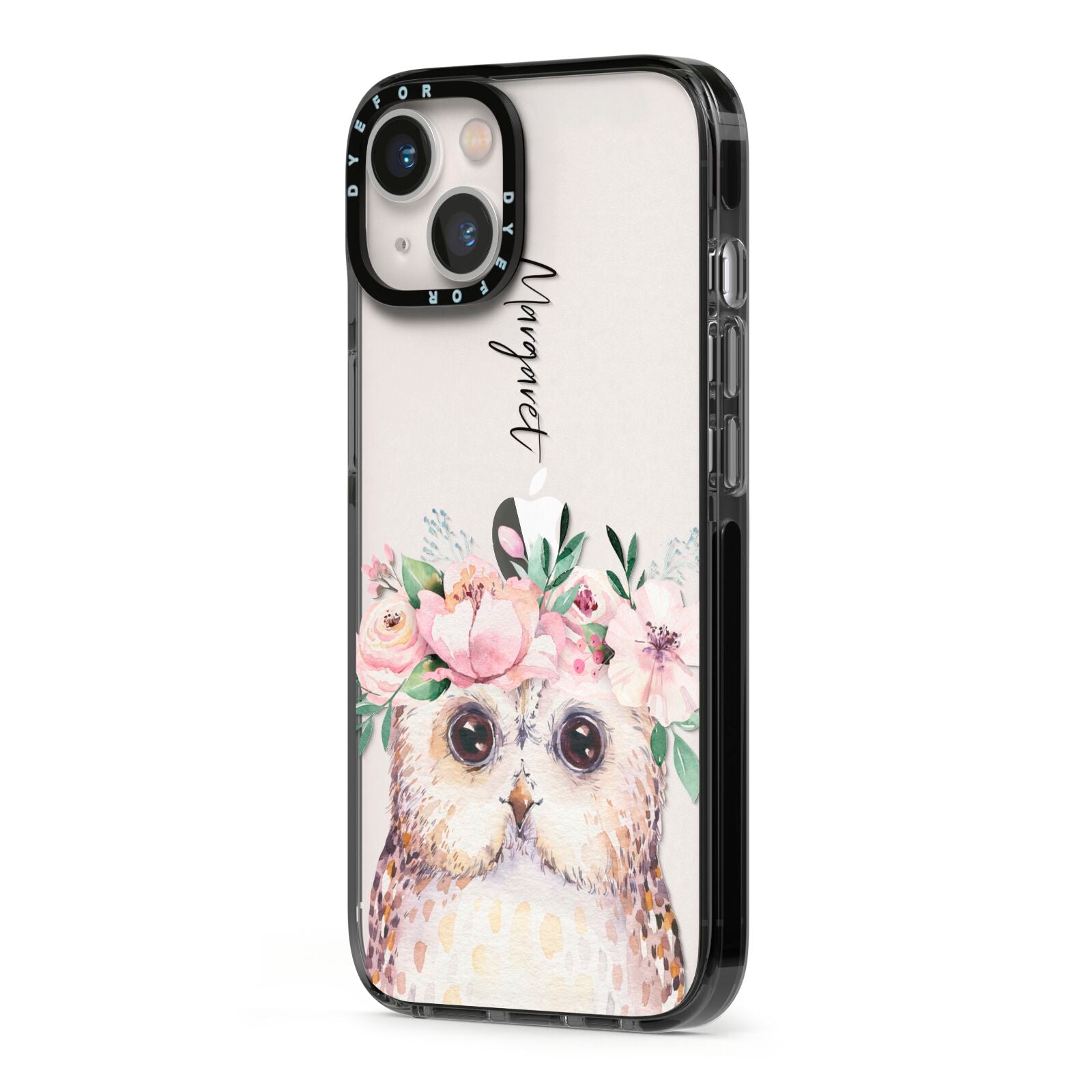 Personalised Name Owl iPhone 13 Black Impact Case Side Angle on Silver phone