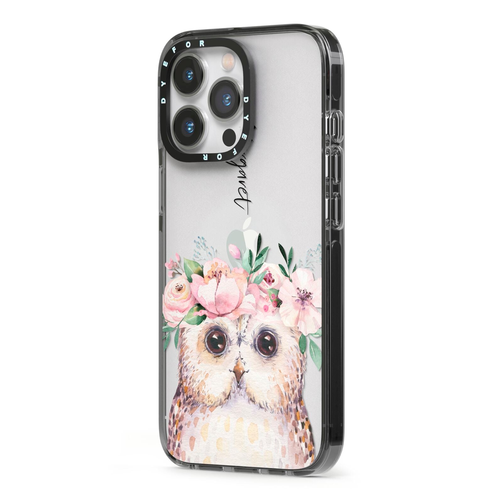 Personalised Name Owl iPhone 13 Pro Black Impact Case Side Angle on Silver phone