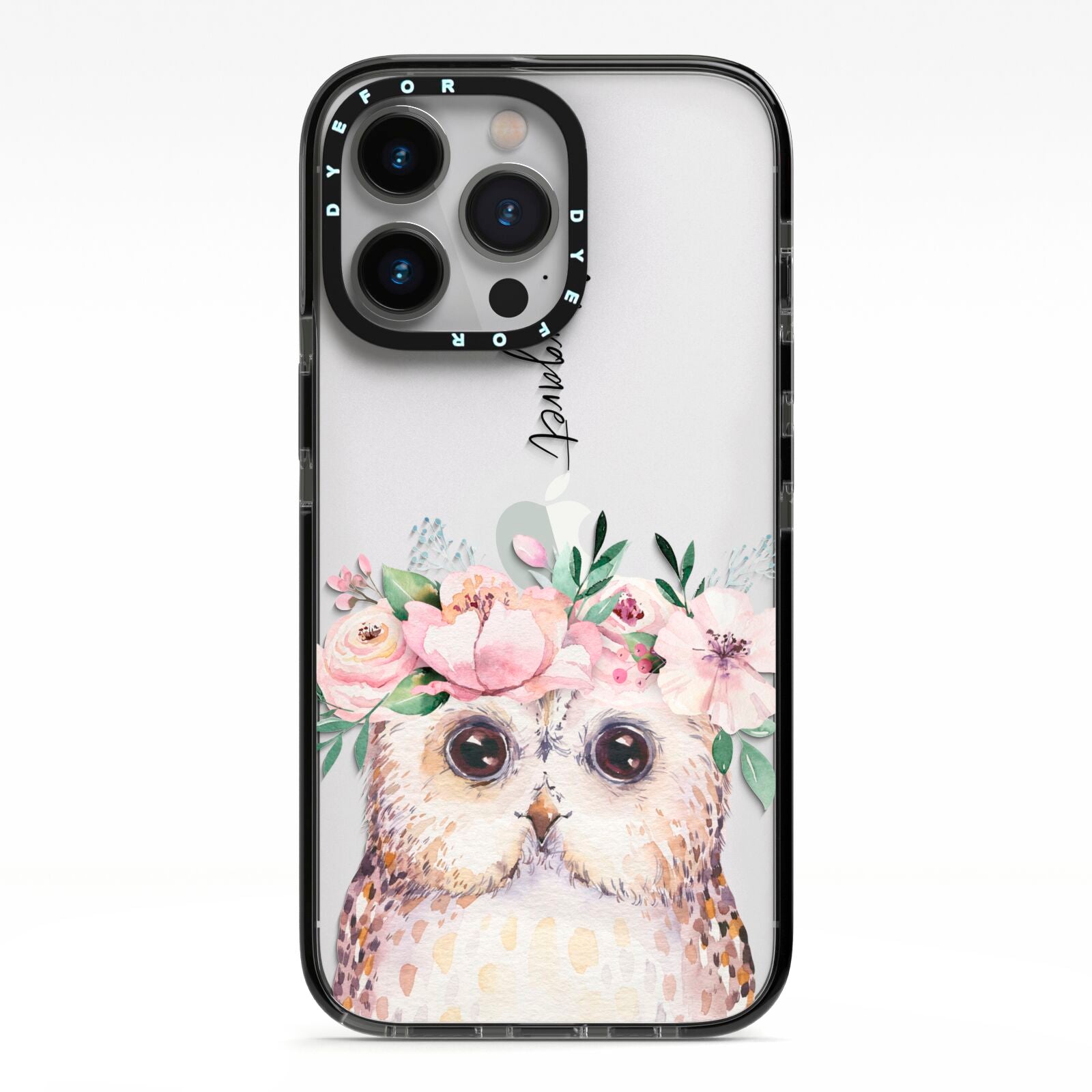 Personalised Name Owl iPhone 13 Pro Black Impact Case on Silver phone