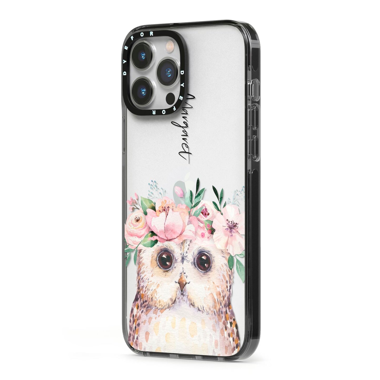 Personalised Name Owl iPhone 13 Pro Max Black Impact Case Side Angle on Silver phone