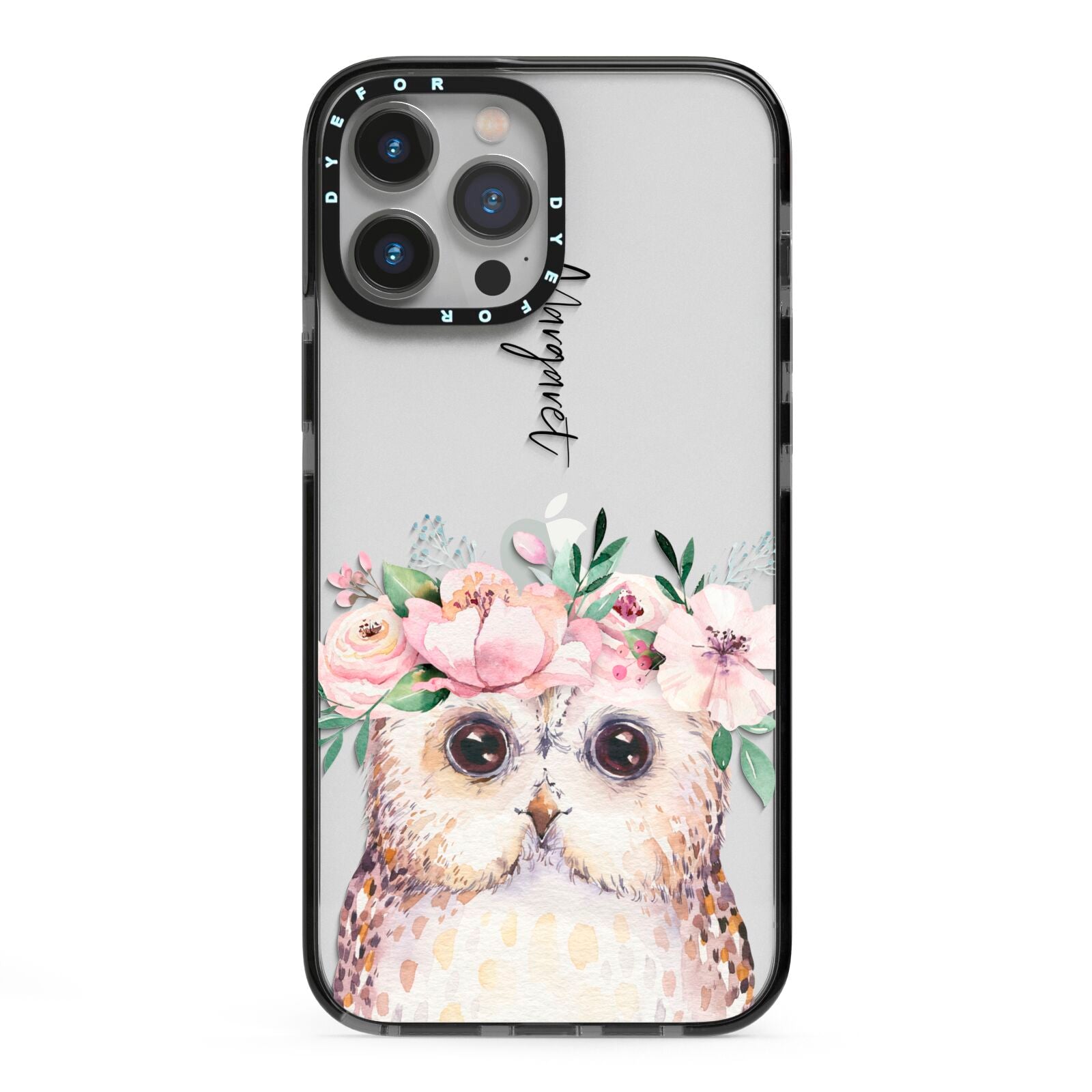 Personalised Name Owl iPhone 13 Pro Max Black Impact Case on Silver phone