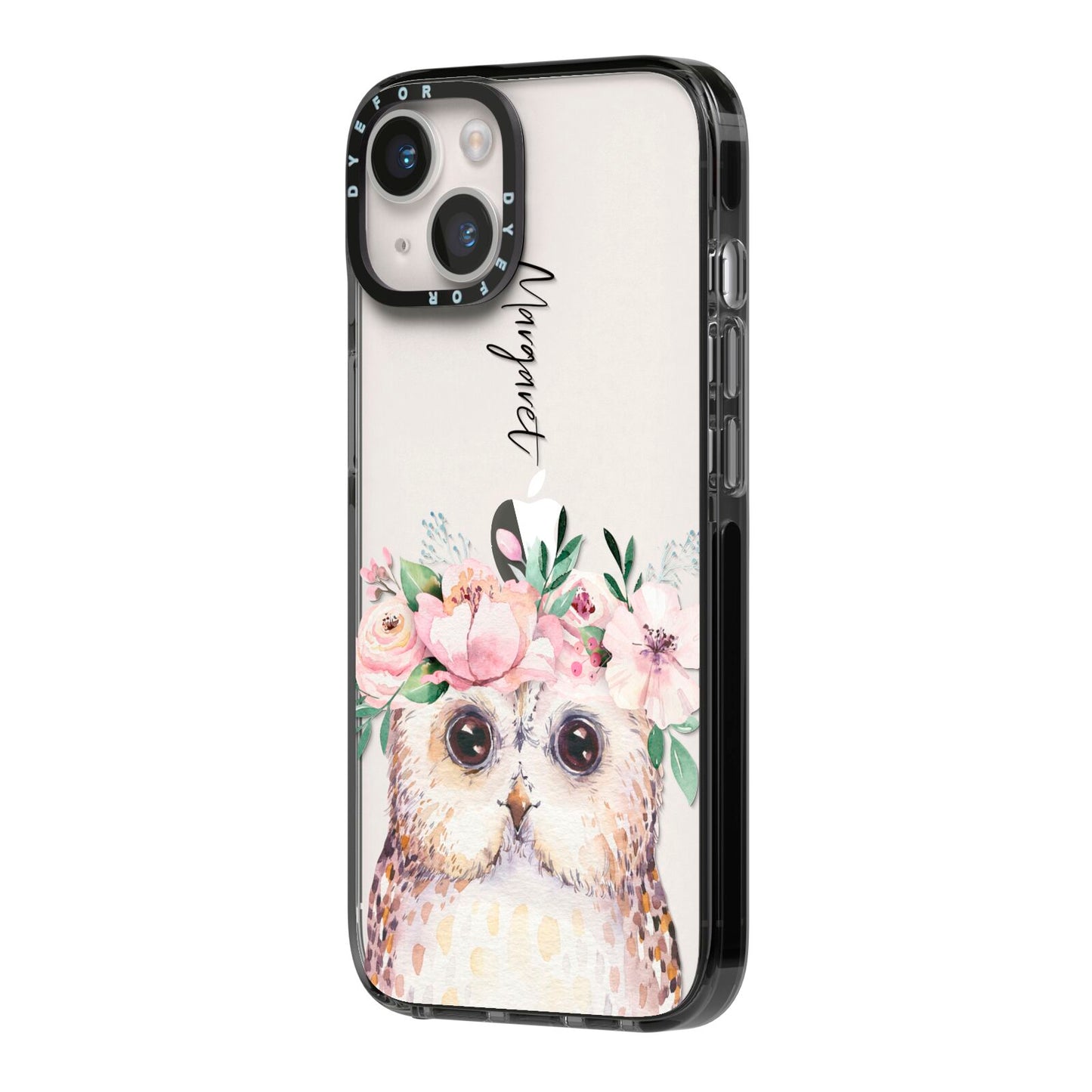 Personalised Name Owl iPhone 14 Black Impact Case Side Angle on Silver phone