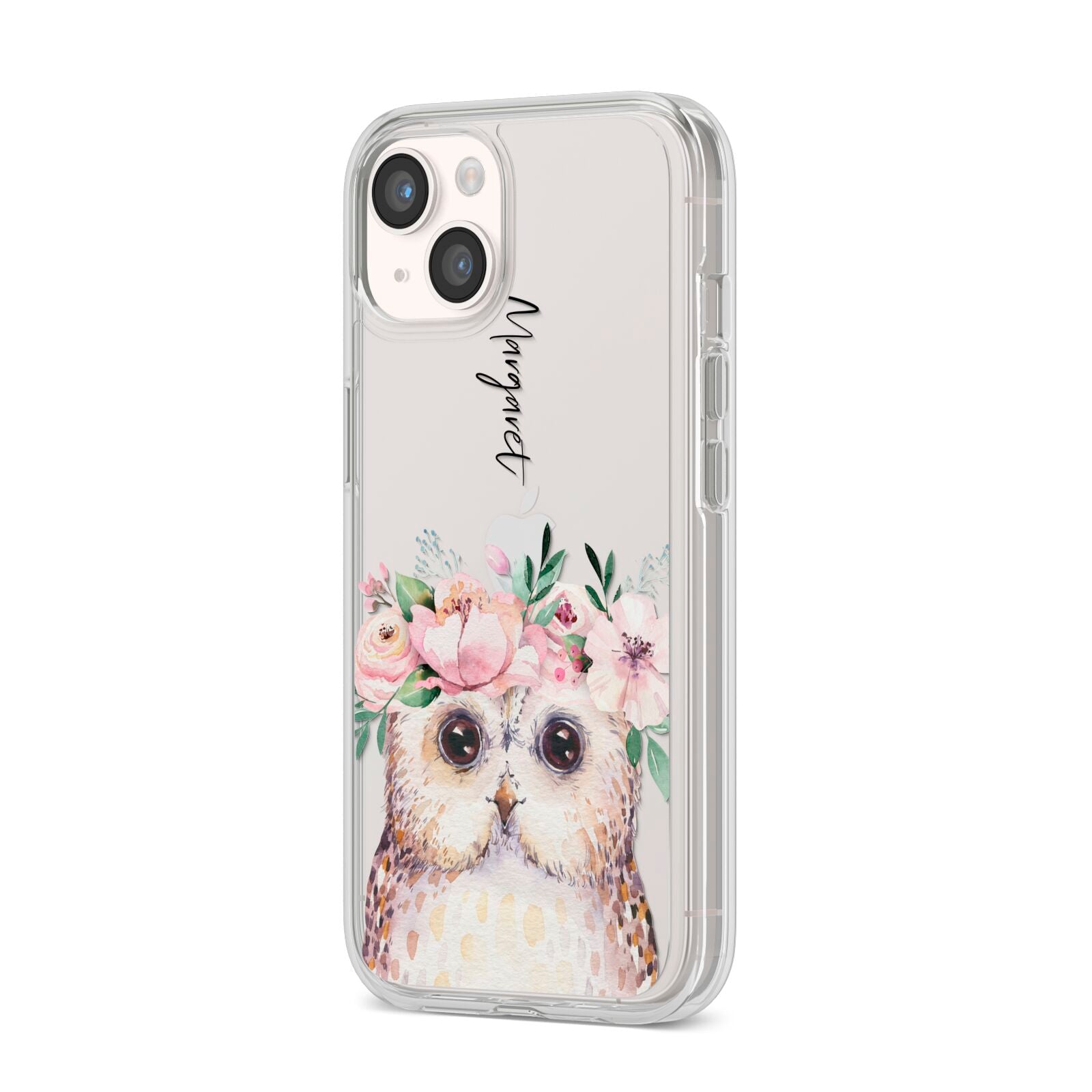 Personalised Name Owl iPhone 14 Clear Tough Case Starlight Angled Image