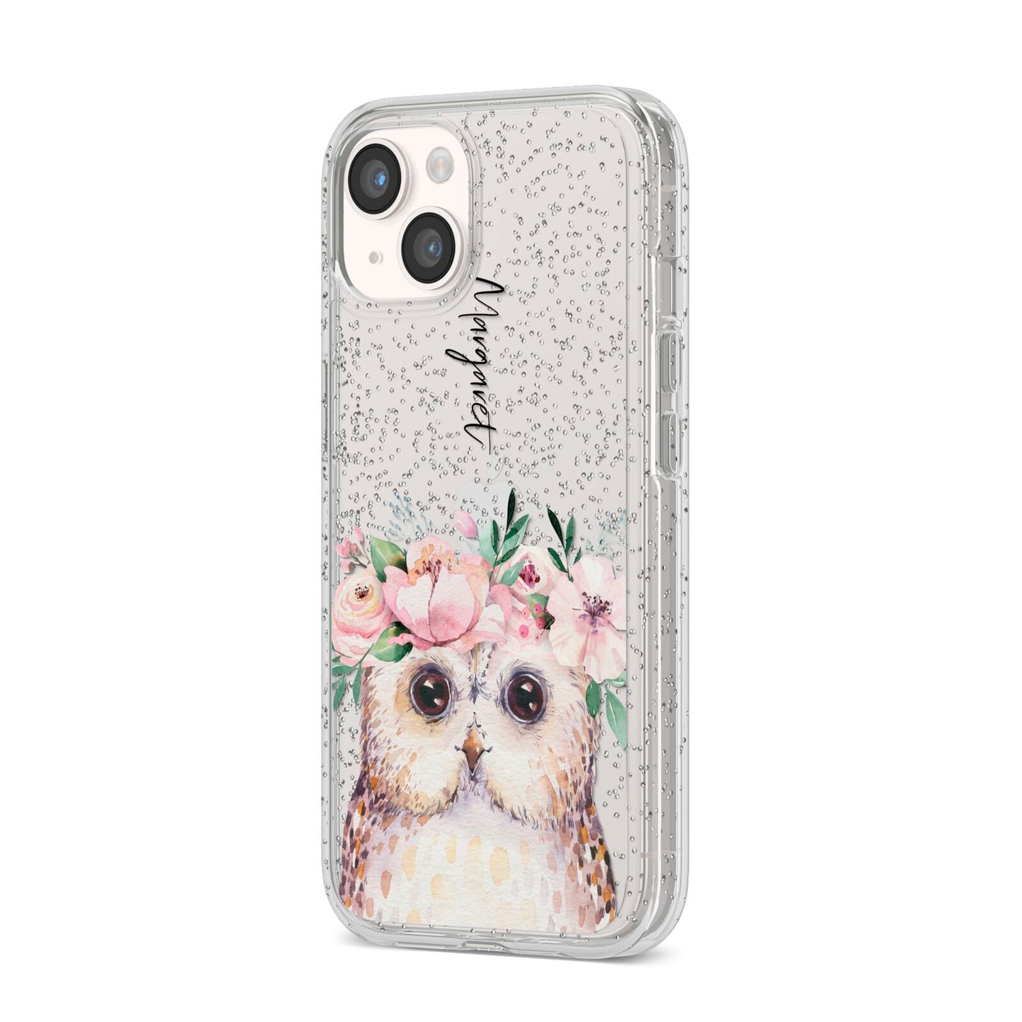 Personalised Name Owl iPhone 14 Glitter Tough Case Starlight Angled Image