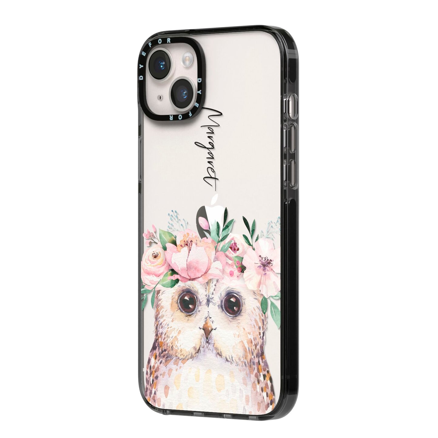Personalised Name Owl iPhone 14 Plus Black Impact Case Side Angle on Silver phone