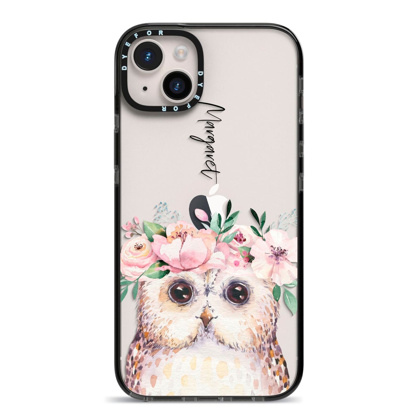 Personalised Name Owl iPhone 14 Plus Black Impact Case on Silver phone
