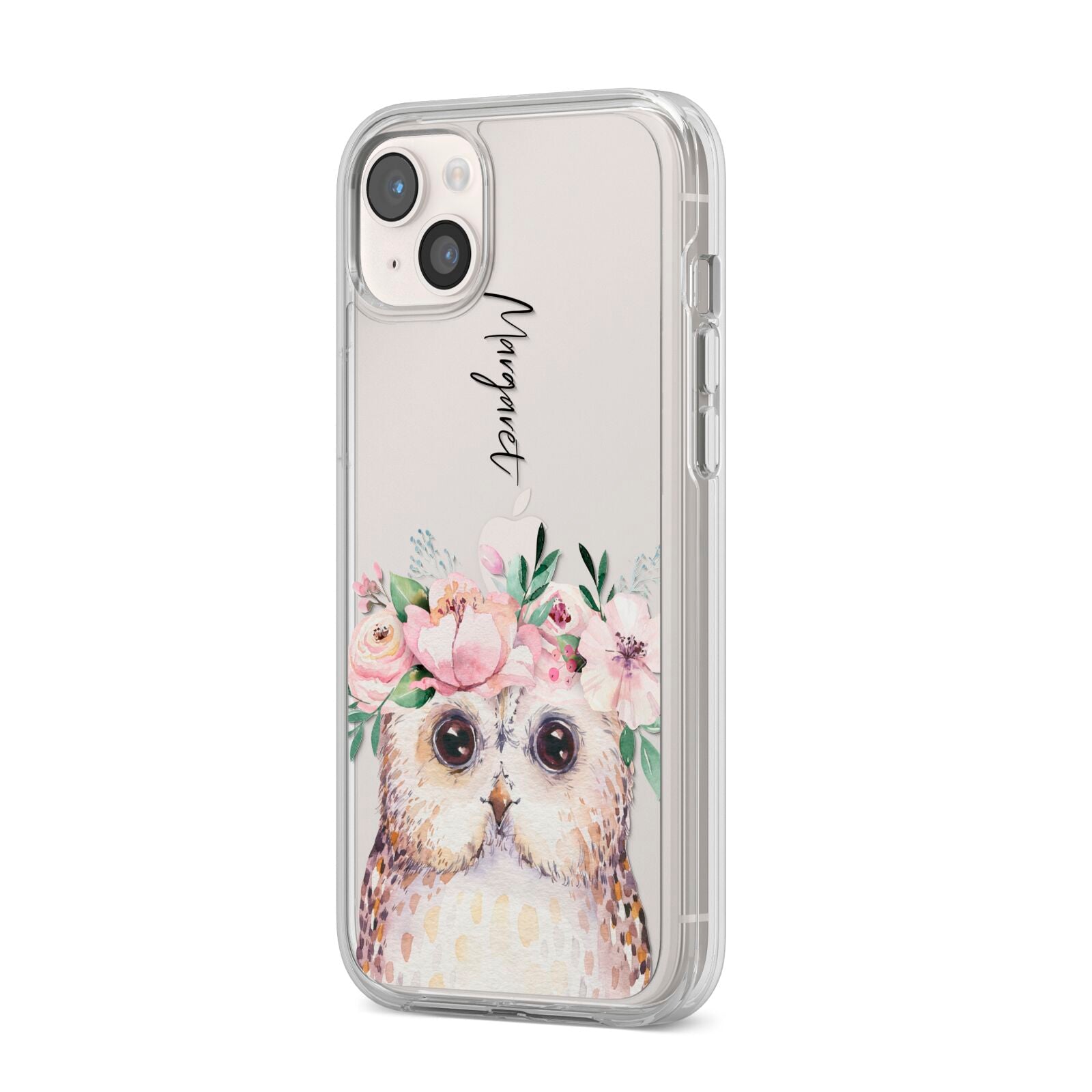 Personalised Name Owl iPhone 14 Plus Clear Tough Case Starlight Angled Image