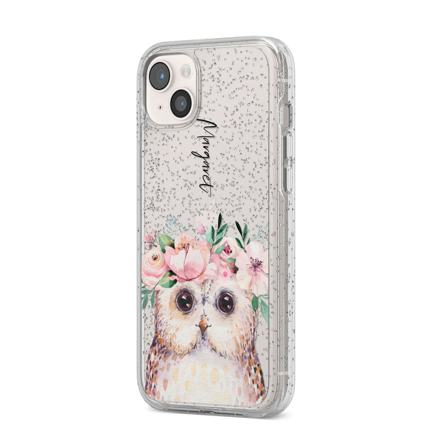 Personalised Name Owl iPhone 14 Plus Glitter Tough Case Starlight Angled Image