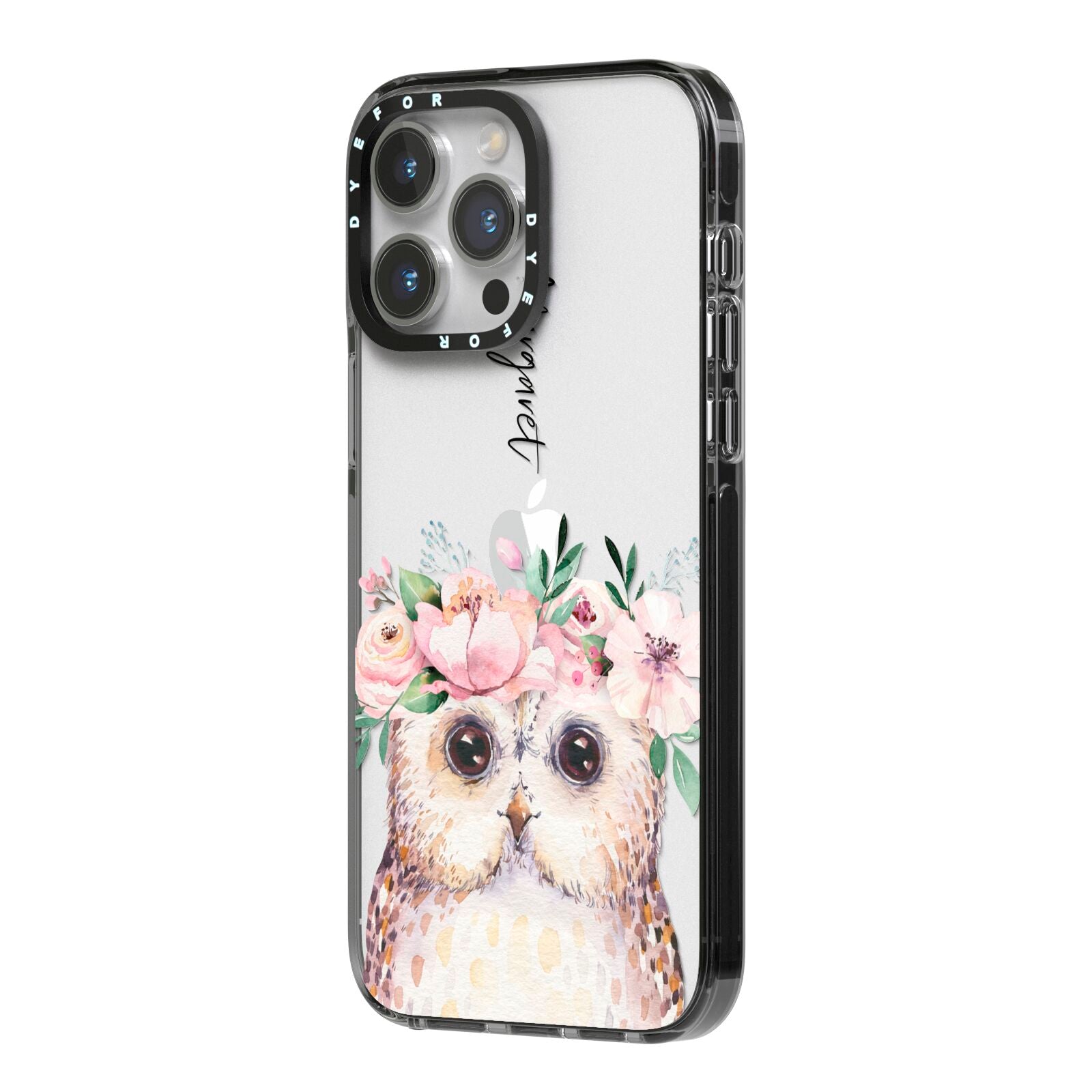 Personalised Name Owl iPhone 14 Pro Max Black Impact Case Side Angle on Silver phone