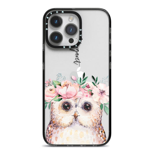 Personalised Name Owl iPhone 14 Pro Max Black Impact Case on Silver phone