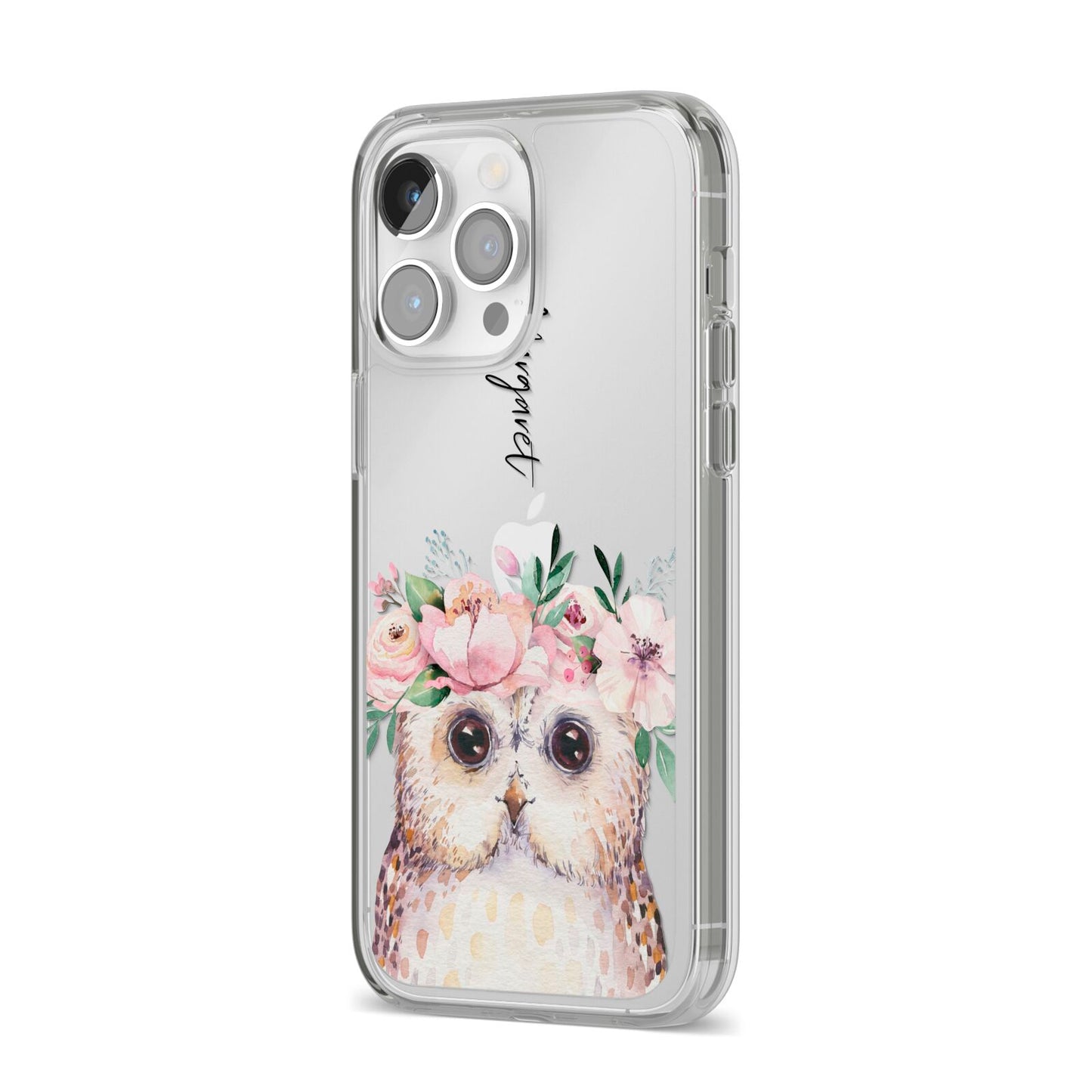 Personalised Name Owl iPhone 14 Pro Max Clear Tough Case Silver Angled Image