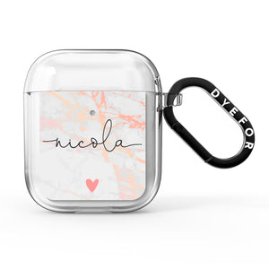 Personalised Name Pink Marble Heart AirPods Case