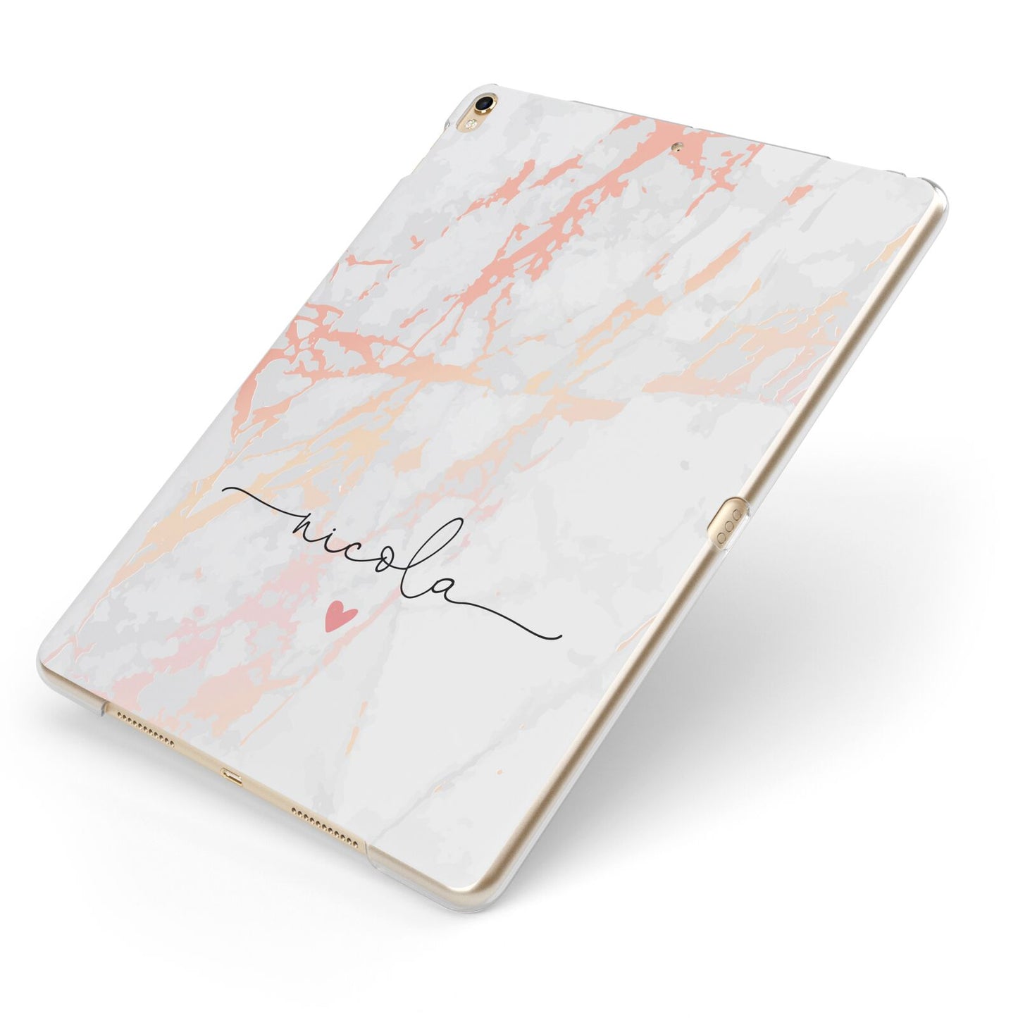 Personalised Name Pink Marble Heart Apple iPad Case on Gold iPad Side View